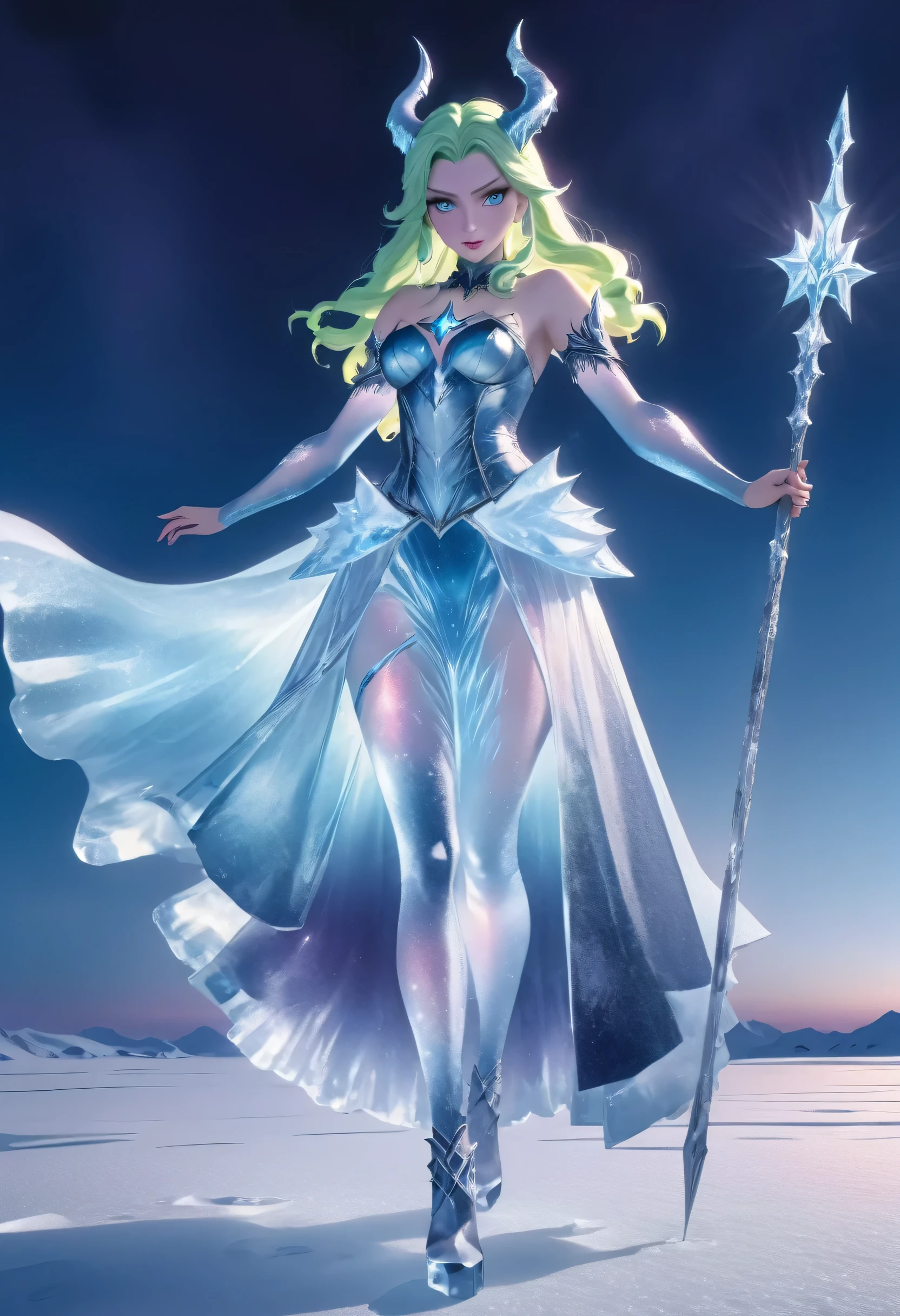 (8k, highest quality, masterpiece: 1.2), (realistic, realistic: 1.37), Super detailed, an ice female demon、Standing in the frozen snow field、Witch wearing pale armor, ((sexy costume:1)), SEXY female devil, ((aurora in the night sky)), 