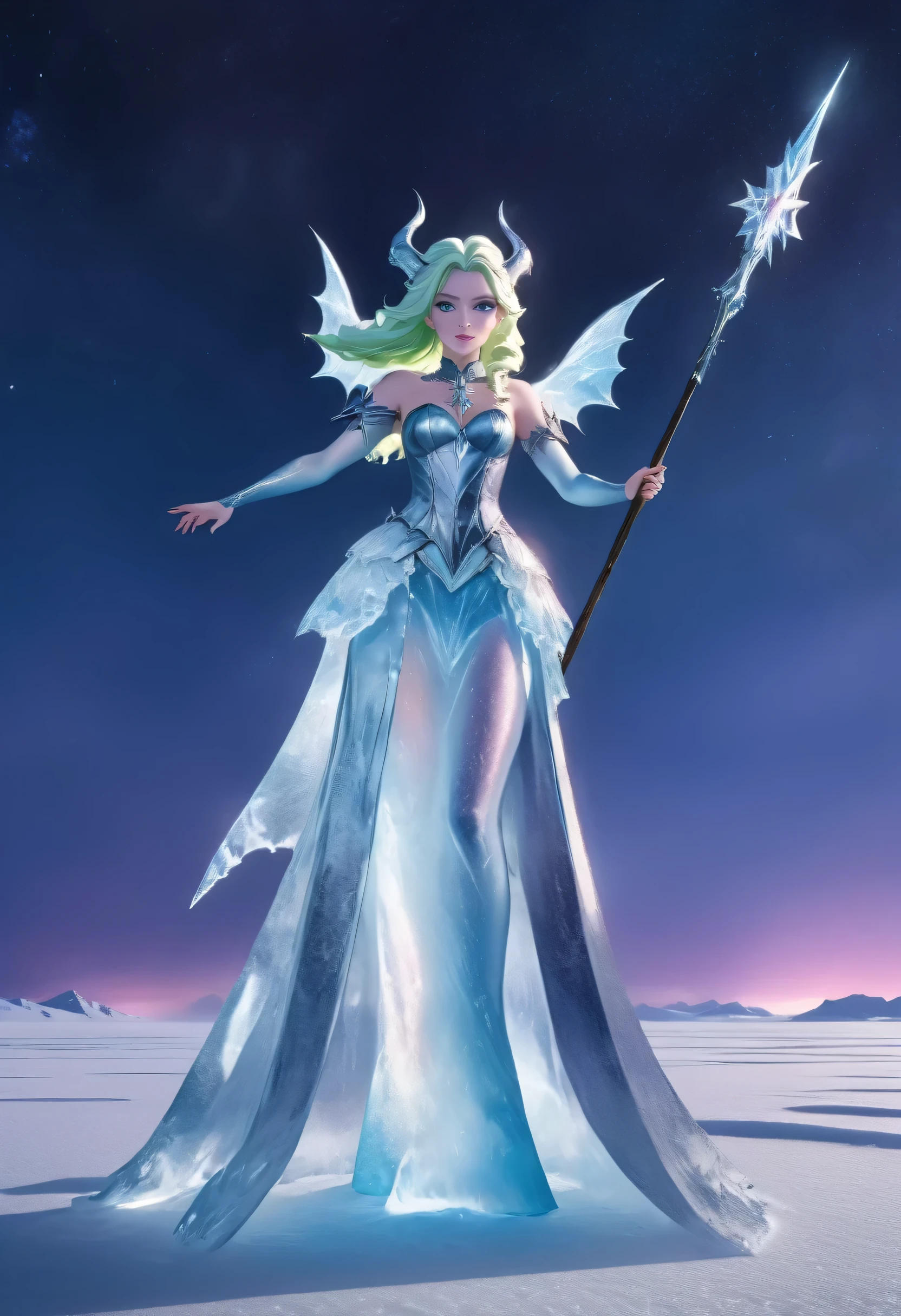 (8k, highest quality, masterpiece: 1.2), (realistic, realistic: 1.37), Super detailed, ((an ice female sexy demon:1))、Standing in the frozen snow field、Witch wearing pale armor, ((sexy costume:1)), SEXY female devil, ((aurora in the night sky)), ((pale blue skin:1))