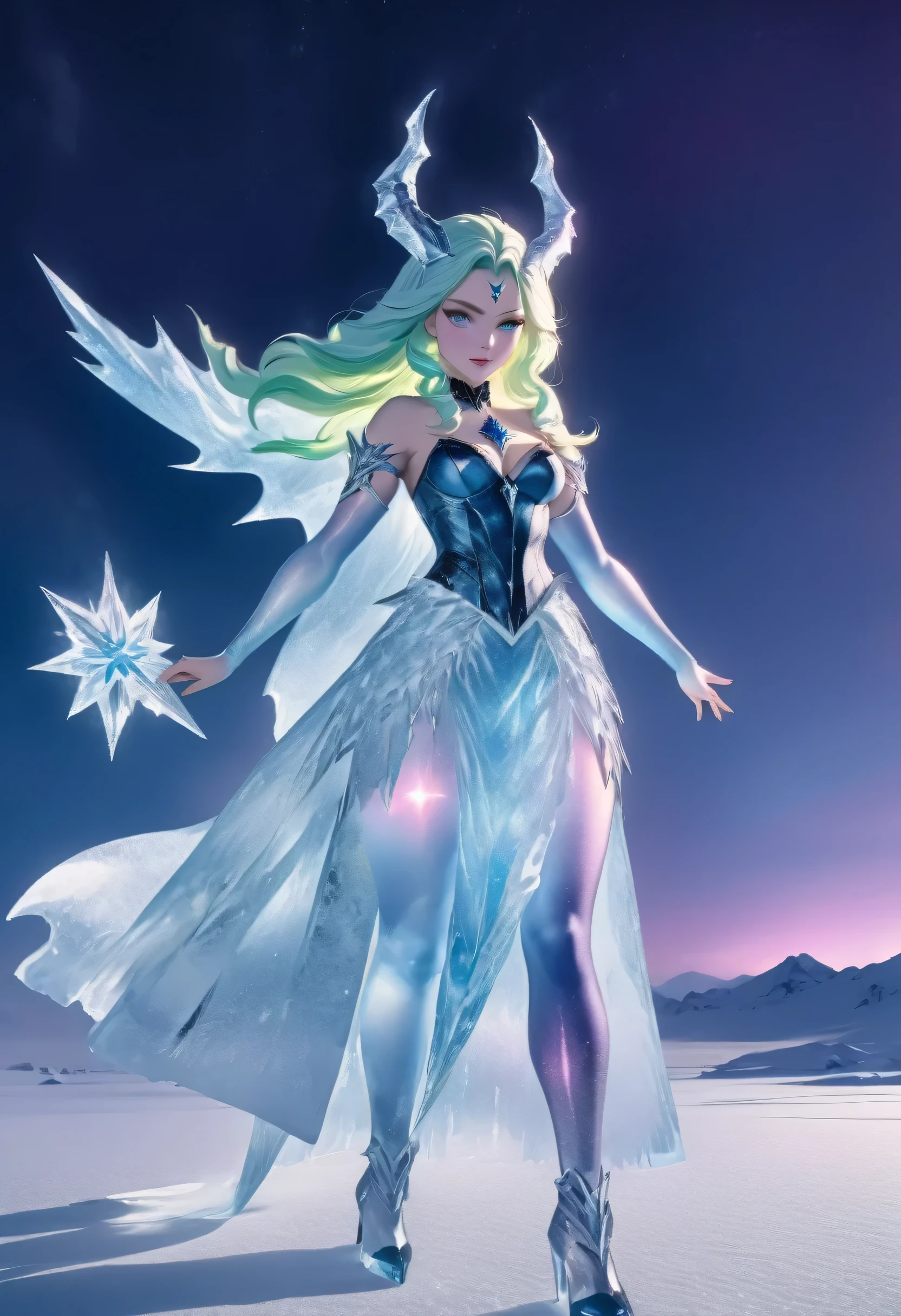 (8k, highest quality, masterpiece: 1.2), (realistic, realistic: 1.37), Super detailed, an ice female demon、Standing in the frozen snow field、Witch wearing pale armor, ((sexy costume:1)), SEXY female devil, ((aurora in the night sky)), 