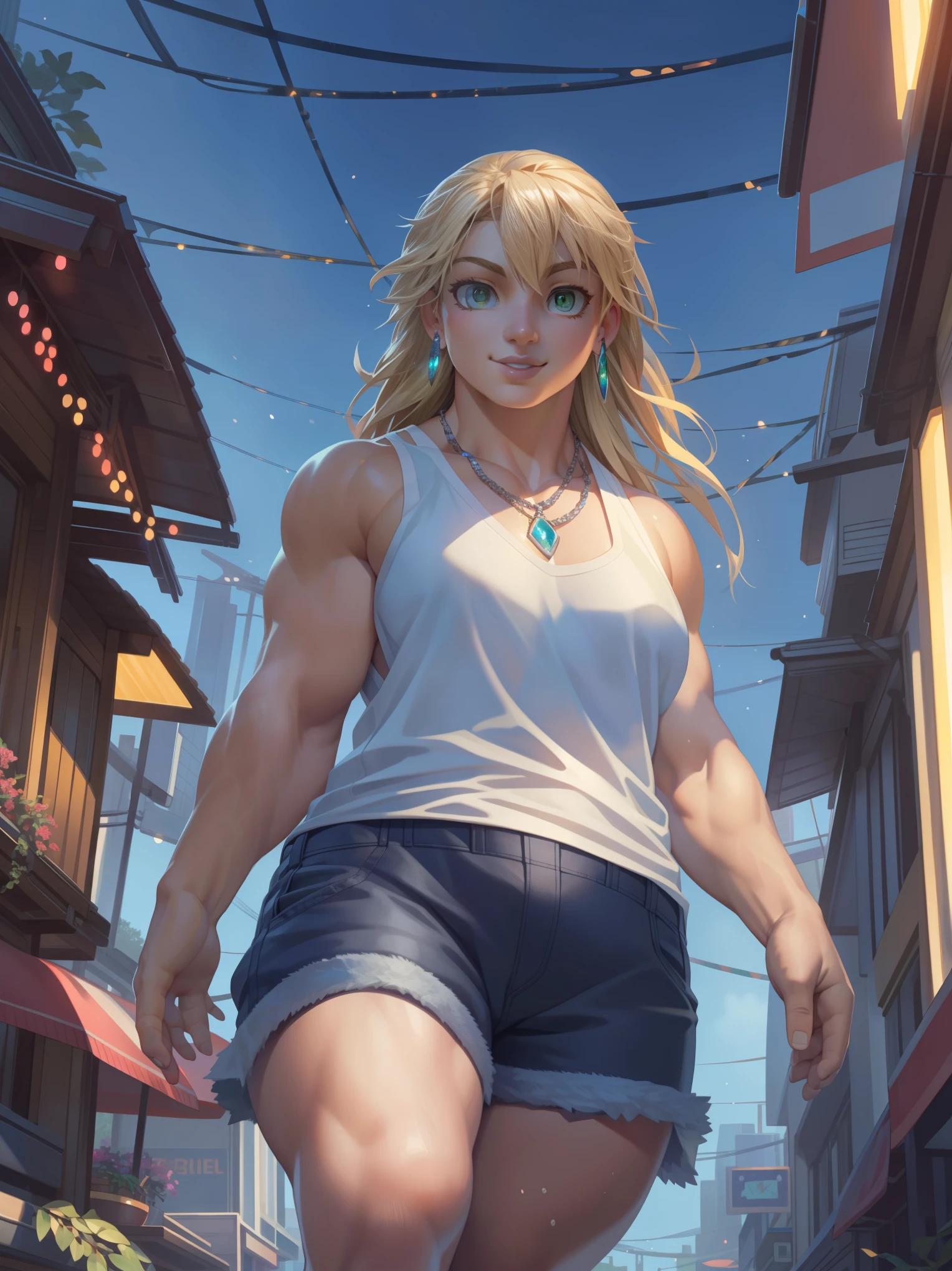 solo, human, middle-aged, female, curvy,((fair skin,light skin, human woman)), (blonde hair), black pupils, green eyes, jean shorts, earrings, white shirt, detailed lips, detailed face, detailed eyes, white tanktop, necklace, black tank top, black shorts, sneakers, cyberpunk Streets, (by null-ghost,by raccoon21, masterpiece, high quality, hi-res, 8k, hd), standing,close-view portrait, looking at viewer, night, outdoors, happy expression