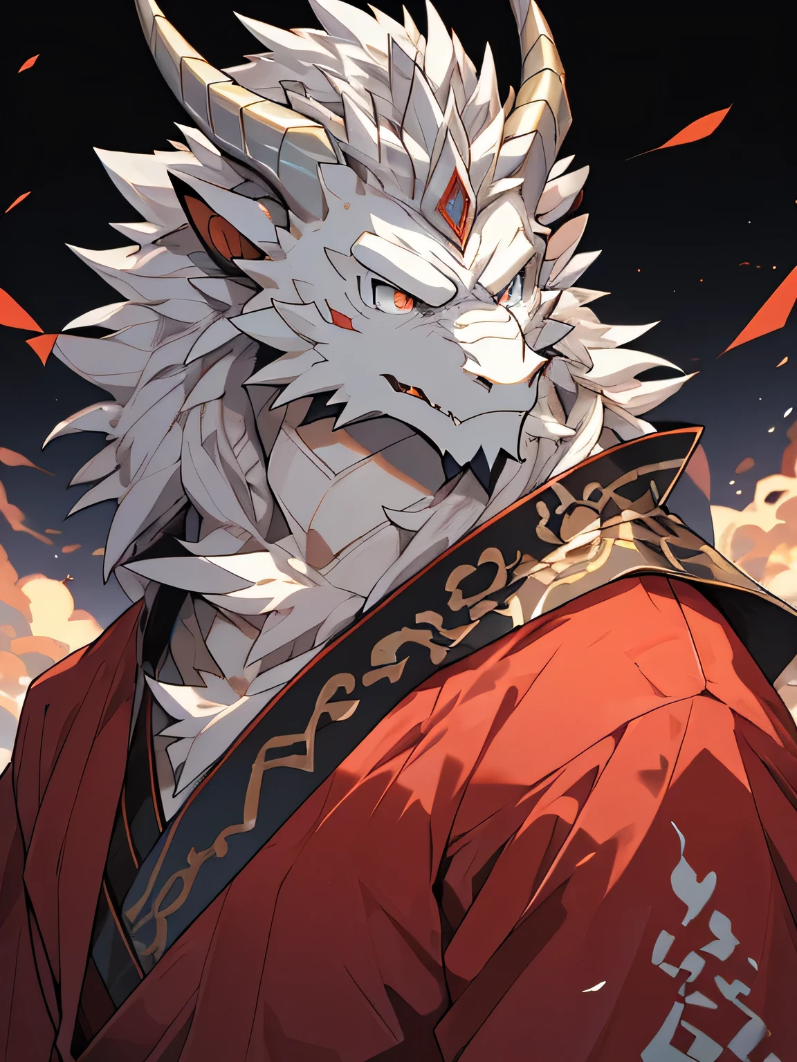 White dragon man:1.3, alone, vertical pupil,Eye, (elongated), Slim, (Eye anthro dragon):1.3, (The body has silvery white scales:1.4), white belly, (beast wild:1.4), Silver scales all over body , Detailed Eye, ((human portrait)), , (Detailed Eye, 蓝Eye, Bright Eye):1.3，robe , Digital art, masterpiece, anime style，mane fur on neck:1.5，(chinese dragon horn,white):1.5, very angry face:1.3,thick eyebrows，older dragon:1.4