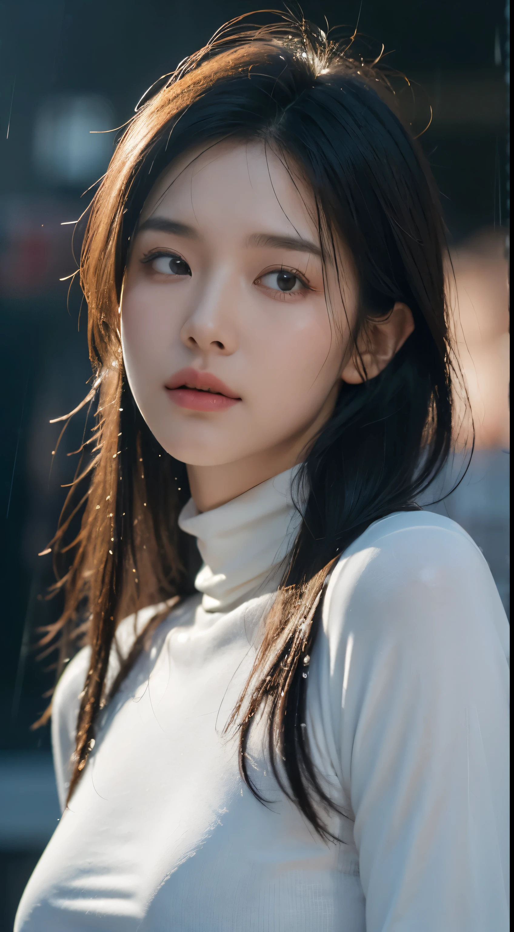 ((best qualtiy, tmasterpiece:1.3)), Focus:1.2, Middle-aged beauty:1.4, Very plump body 1.2, Rounded face, (wetclothes:1.1), (Rain, Street:1.3), Blue turtleneck top, denim pant:1.1, Highly detailed facial and skin texture, A detailed eye, double eyelid, Whiten skin, messy hair, Blushlush, profesional lighting, portrait, photon maping, Radio City, physically-based renderingt, glomy, saddened, Alone, The crowd noisy, The side face does not look at the camera, Melancholic atmosphere, Close your eyes and pray, 8k