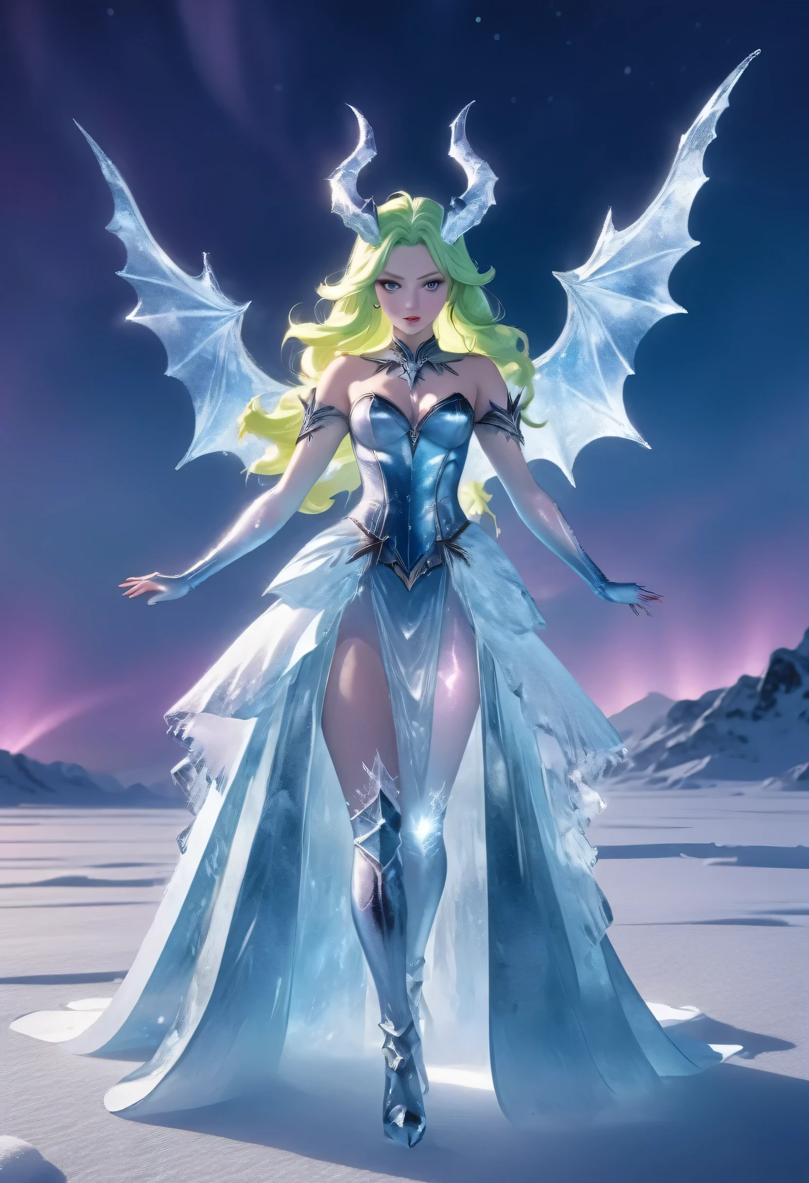 (8k, highest quality, masterpiece: 1.2), (realistic, realistic: 1.37), Super detailed, an ice female demon、Standing in the frozen snow field、Witch wearing pale armor, ((sexy costume:1)), SEXY female devil, ((aurora in the night sky)),