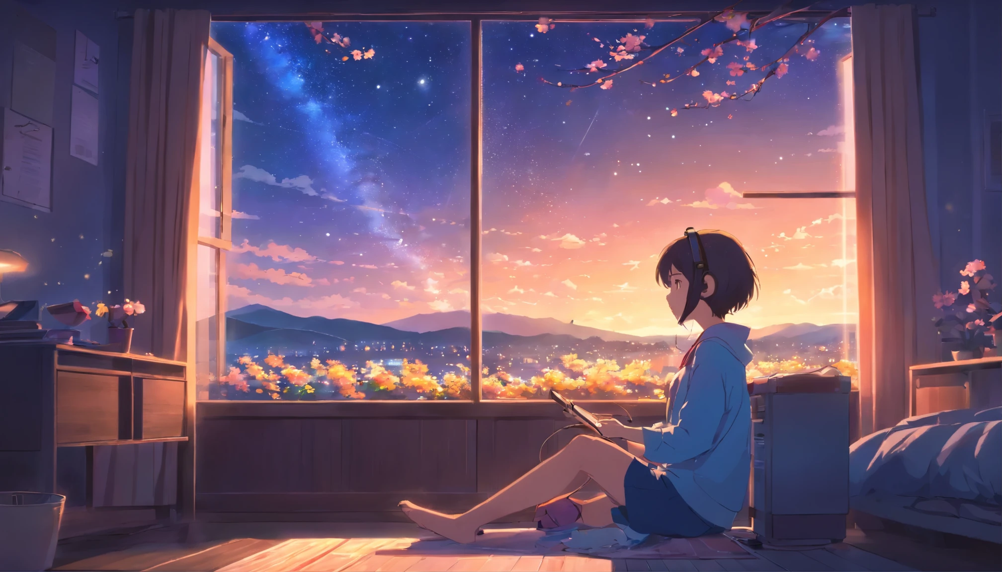 Young girl sitting next to the window in her room and listening to music on headphones, The starry sky outside the window、cherry tree is blooming, Flowers gently illuminated by moonlight々with. Japan,blue、peach