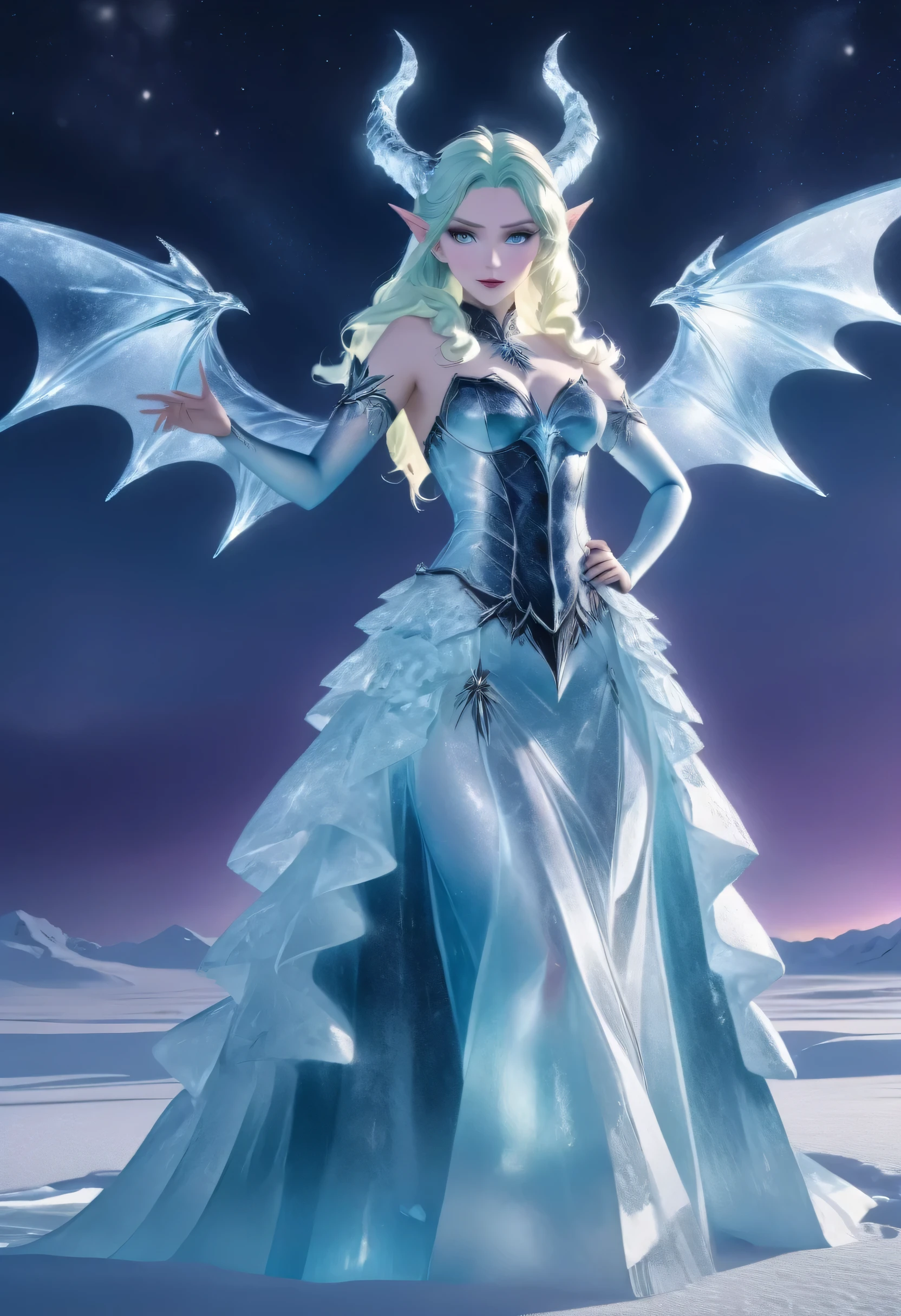 (8k, highest quality, masterpiece: 1.2), (realistic, realistic: 1.37), Super detailed, an ice female demon、Standing in the frozen snow field、Witch wearing pale armor, ((sexy costume:1)), SEXY female devil, ((aurora in the night sky)), 