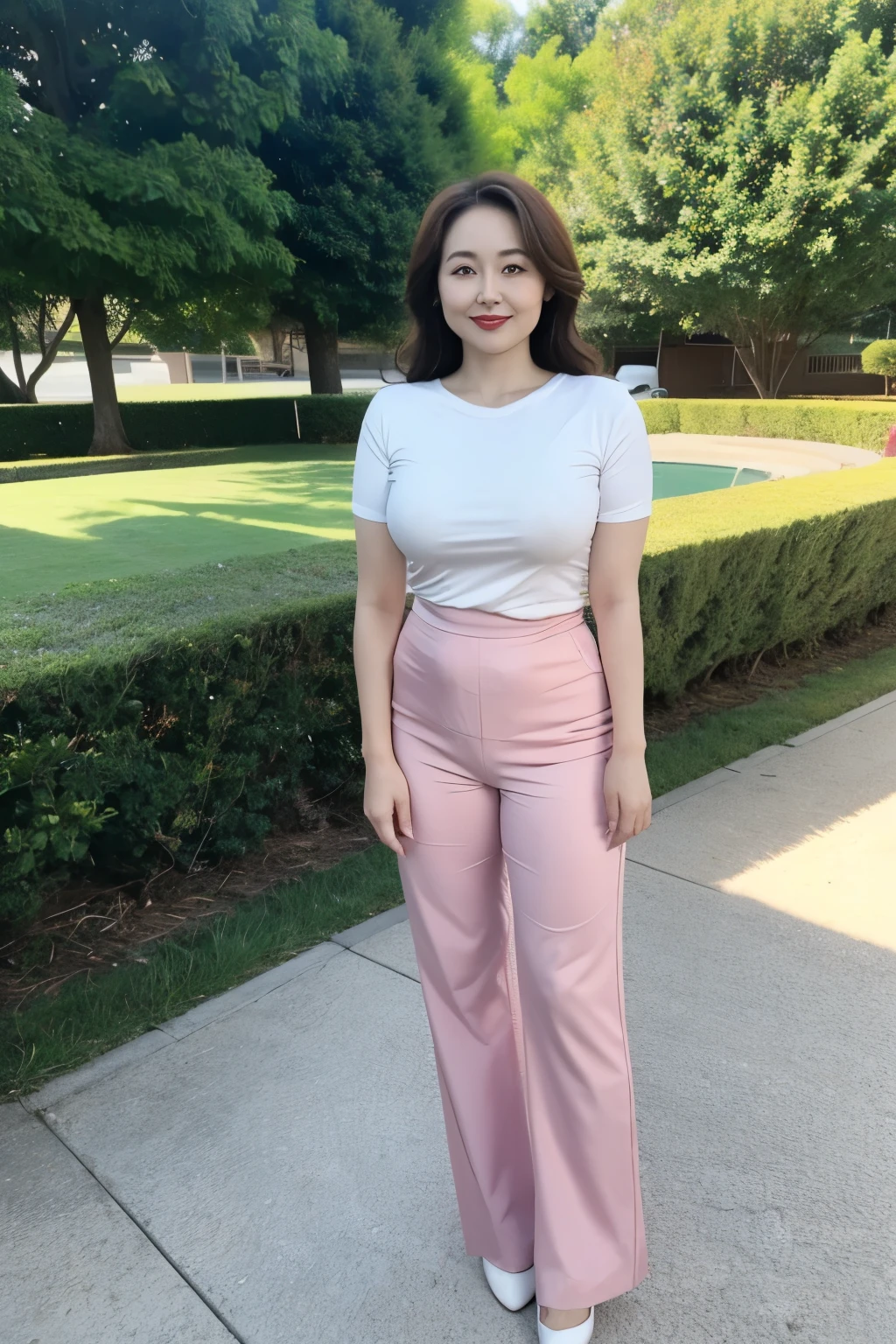 Draw lips correctly, red lipstick, from chest up, best quality, Super detailed, lifelike, Super fine skin, perfect anatomy, (1 日本Mature的女人), (alone)，Wear a pink crew neck shirt，short sleeves，white pants，wavy long hair，37-year-old female，，charming smile，great outdoor background，stand，Leg length，Chubby body，Big br up，full-body shot