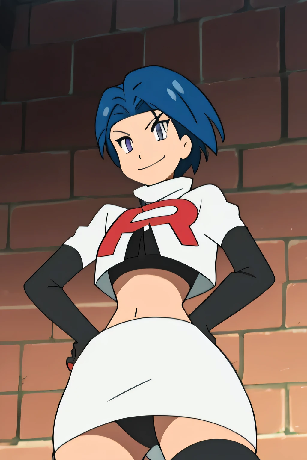 8k, masterpiece,highres, team rocket uniform, red letter r, white skirt,white crop top,black thigh-high boots, black elbow gloves, evil smile, looking down at viewer, hands on hips, cowboy shot, from below, black panties
