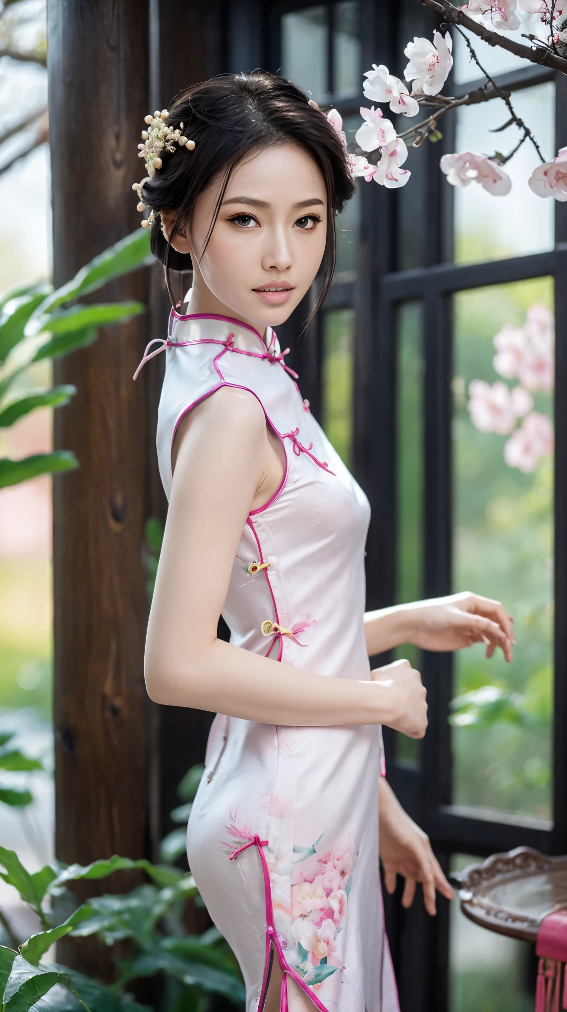 fashion model 18 years old [[[[Close-up cleavage]]]], [[[[]]]], [[[[Cole]]]], [[[[bshoulder]]]], perfect eyes, perfect iris，perfect lips，perfect teeth，Perfect skin，fair skin，Soft headlight，high dynamic range，((Pink Chinese cheongsam))，elegant posture，elegant movements，The background is Chinese interior decoration，Green trees outside the window，peach blossom，4k ultra high definition, ultra high resolution, (lifelike: 1.4), best quality，masterpiece，Ultra-diluted，（pastel colors：1.2）