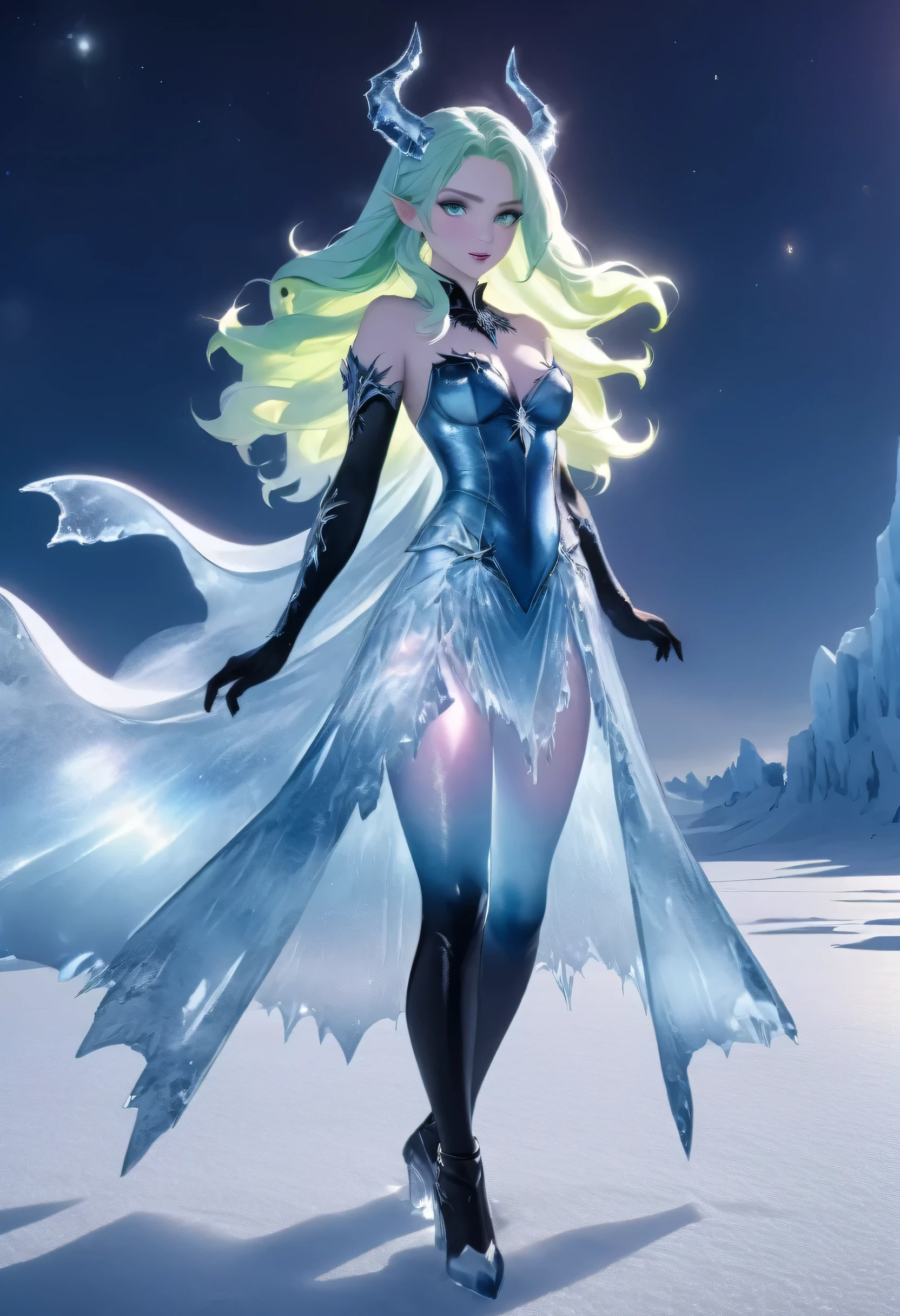 (8k, highest quality, masterpiece: 1.2), (realistic, realistic: 1.37), Super detailed, an ice female demon、Standing in the frozen snow field、Witch wearing pale armor, ((sexy costume:1)), SEXY female devil, ((aurora in the night sky)),