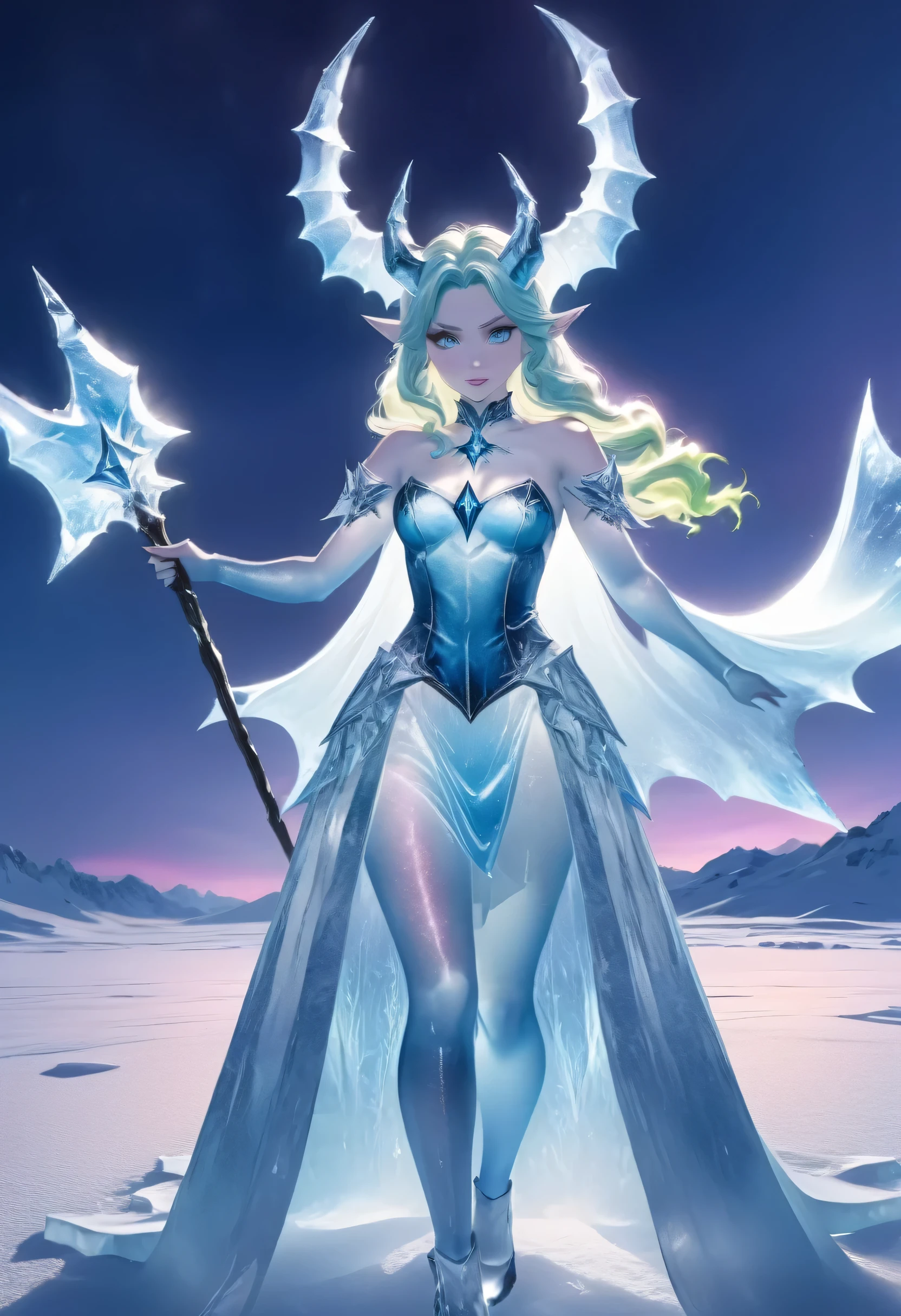 (8k, highest quality, masterpiece: 1.2), (realistic, realistic: 1.37), Super detailed, an ice female demon、Standing in the frozen snow field、Witch wearing pale armor, ((sexy costume:1)), SEXY female devil, ((aurora in the night sky)), 