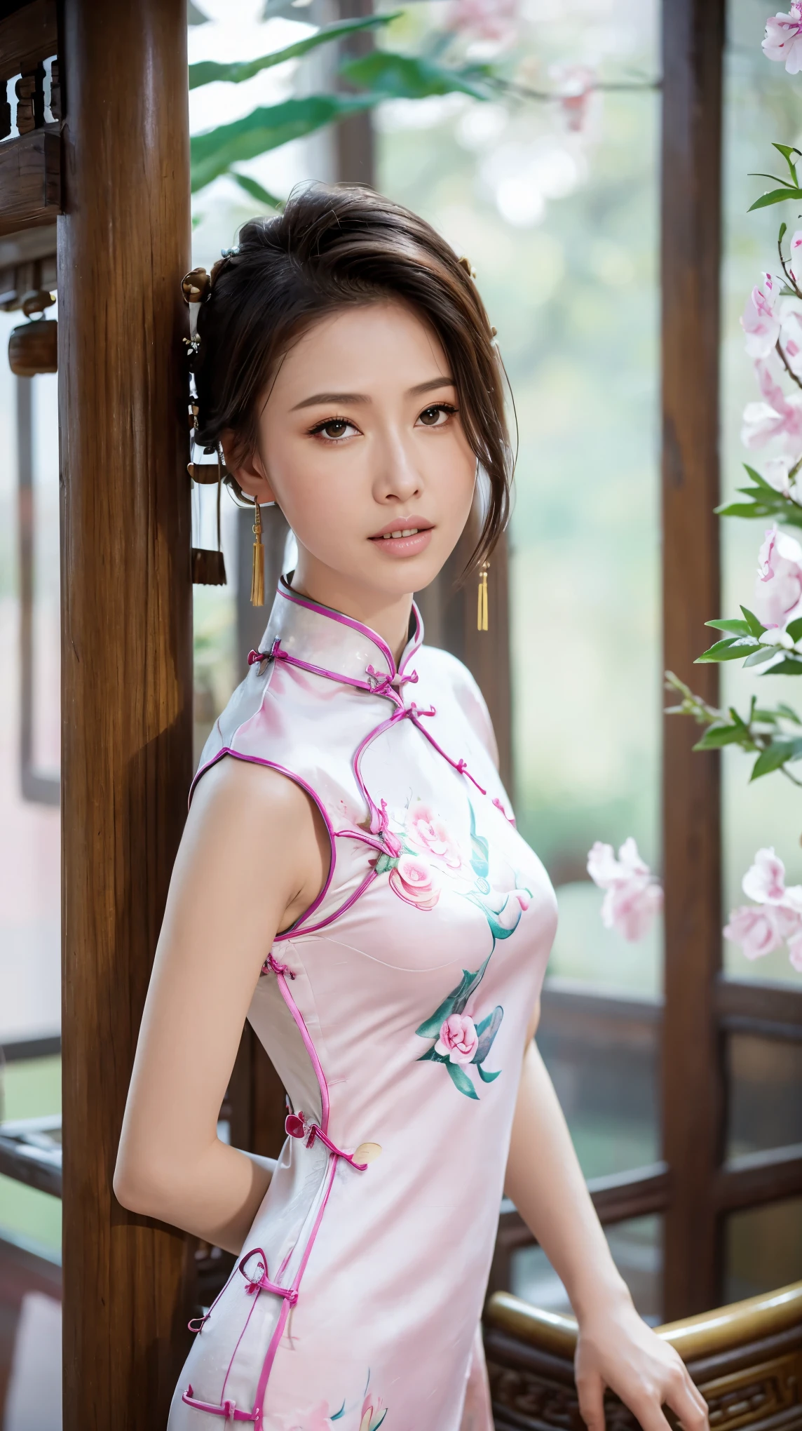 fashion model 18 years old [[[[Close-up cleavage]]]], [[[[]]]], [[[[Cole]]]], [[[[bshoulder]]]], perfect eyes, perfect iris，perfect lips，perfect teeth，Perfect skin，fair skin，Soft headlight，high dynamic range，((Pink Chinese cheongsam))，elegant posture，elegant movements，The background is Chinese interior decoration，Green trees outside the window，peach blossom，4k ultra high definition, ultra high resolution, (lifelike: 1.4), best quality，masterpiece，Ultra-diluted，（pastel colors：1.2）