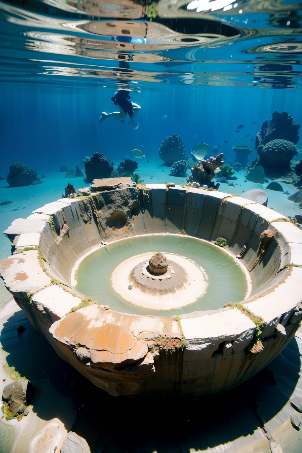 ((best quality)), ((masterpiece)), (detailed), The giant crater under the sea is a beautiful paradise