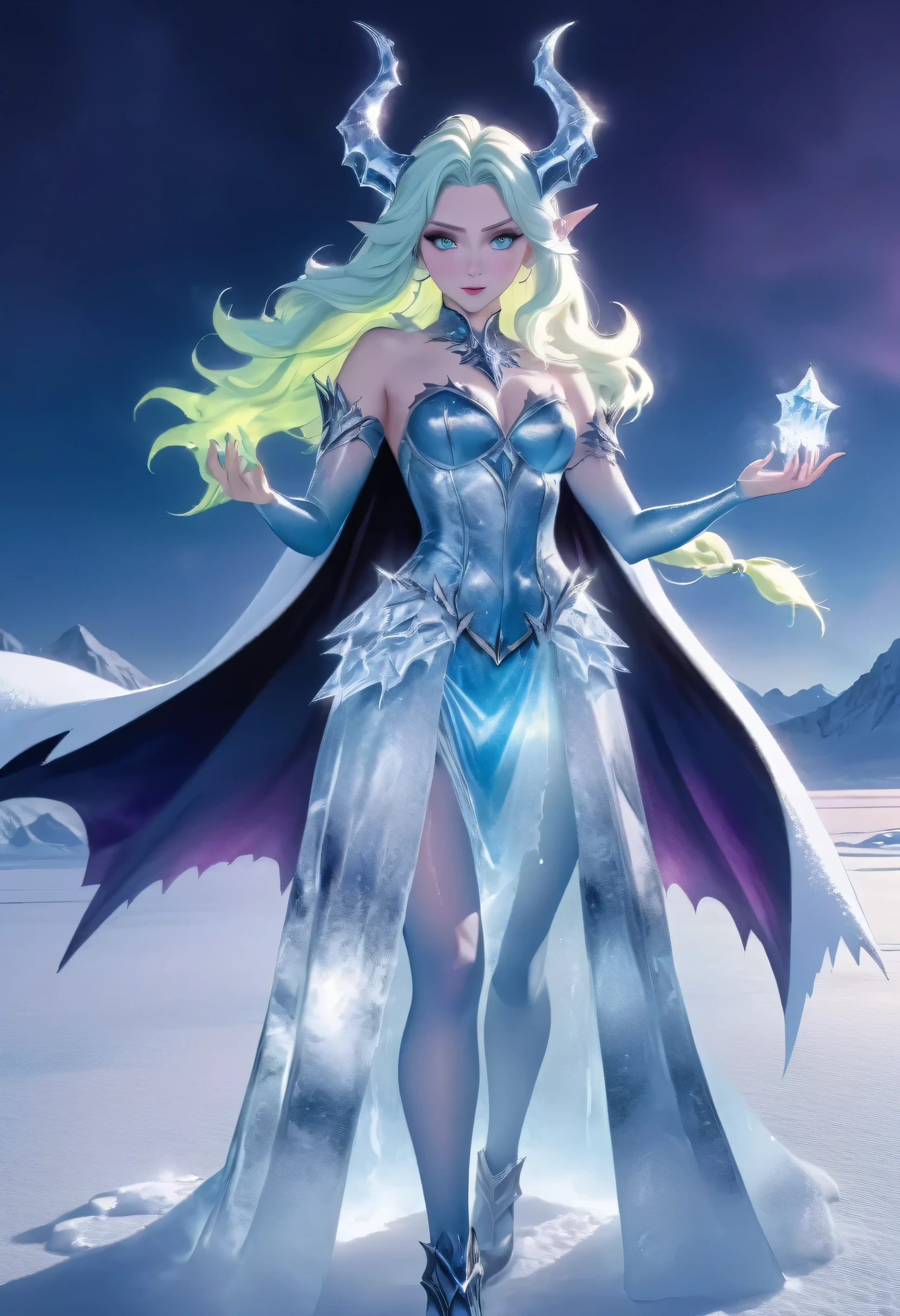 (8k, highest quality, masterpiece: 1.2), (realistic, realistic: 1.37), Super detailed, an ice female demon、Standing in the frozen snow field、Witch wearing pale armor, ((sexy costume:1)), SEXY female devil, ((aurora in the night sky)),