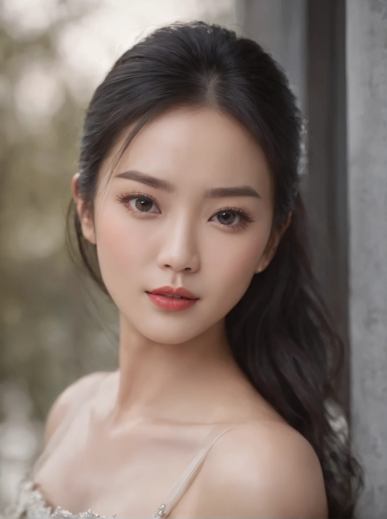 a Chinese woman, Exquisite Facial Features, A Seductive Pose, black Hair, very detailed skin, close-up face detail, half-body, upper body.