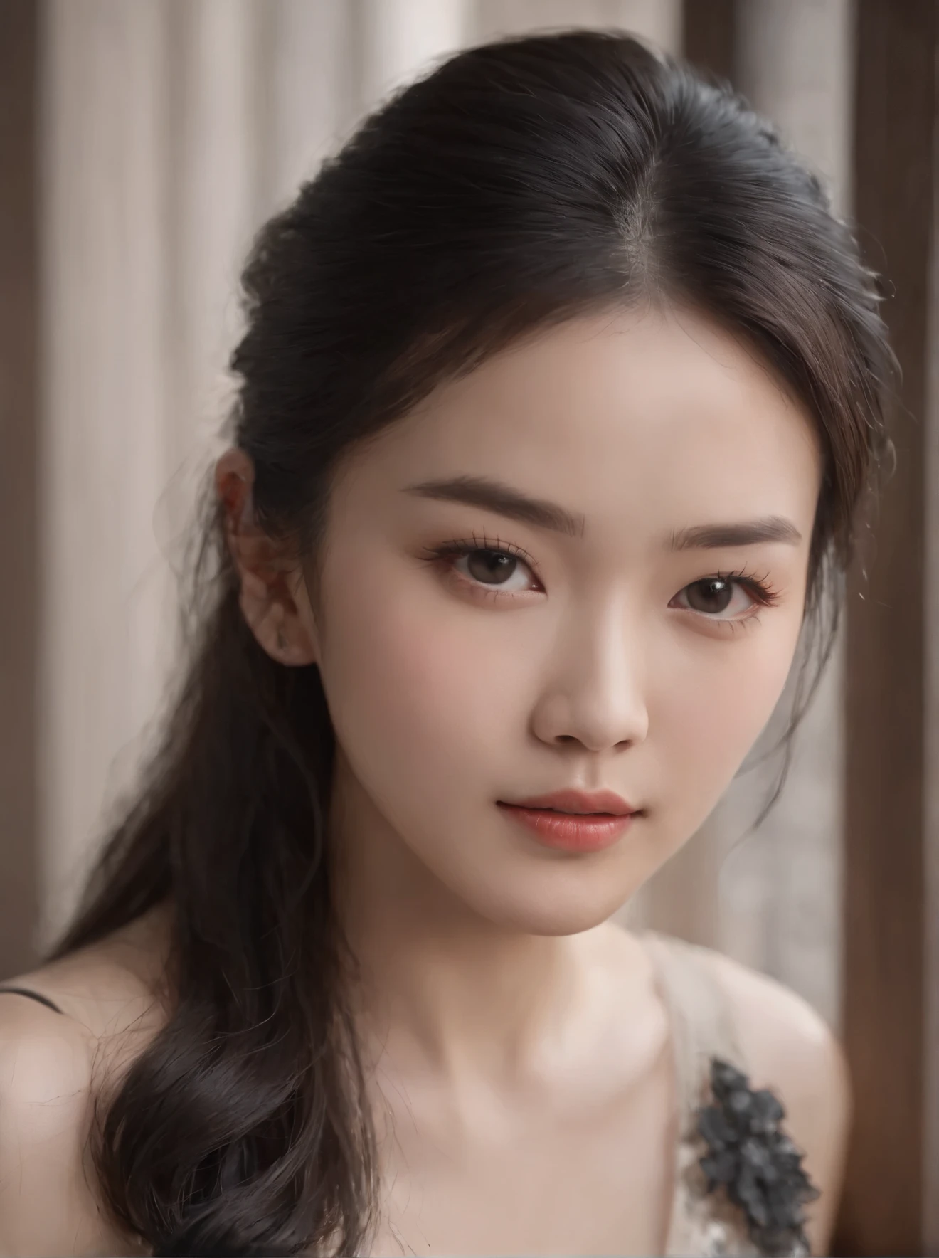 a Chinese woman, Exquisite Facial Features, A Seductive Pose, black Hair, very detailed skin, close-up face detail, half-body, upper body.