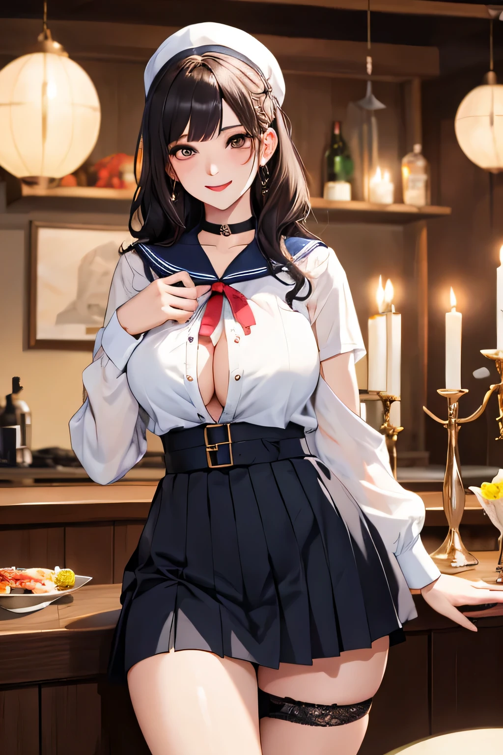 (highest quality、High resolution、detailed background、8K)、Beautiful and dense face、beautiful and smooth skin、skin texture、professional lighting、Beautiful girl in her 20s、two women、brown hair、braided hairstyles、(huge breasts:1.3)、realistic、perfect body line、
(Enjoy a romantic dinner by candlelight)、Calm atmosphere、
Confidence and Charm、Express yourself with confidence、Charm、
(Try wearing sailor uniform-style tops and  for a sexy look.)、
Choose tops that fit well with your body line.、
Fits perfectly around the chest and waist, emphasizing feminine curves.、
Adding details such as lace or ribbons around the décolletage and shoulders can create a sexy look.、
Generally speaking, traditional sailor uniform style tops with a white or navy base with red or black details are popular, but you can also choose tops with other bright colors or patterns.、
Choose a miniskirt that fits well with your body line.、
A secure fit from the waist to the hips, making your legs look beautiful.、
The tight silhouette of the skirt emphasizes your sexiness.、
We recommend designs that highlight the hip line and thigh curves.、
Dark colors such as black and navy bring out your sexiness.、
Skirts made of leather or shiny fabric also give a sexy impression.、
By incorporating feminine accessories such as ribbons and chokers, you can create a cute and sexy look at the same time.、Pair it with high heels to make your legs look beautiful.、High-heeled boots emphasize sexiness、
(With a happy expression on her face, she lifts up her skirt and shows me her panties.:1.5)、blush、panty shot、smiling、sexual expression、cute、Pink and black floral embroidered panties、No bra、emphasize the chest、emphasize cleavage、cameltoe