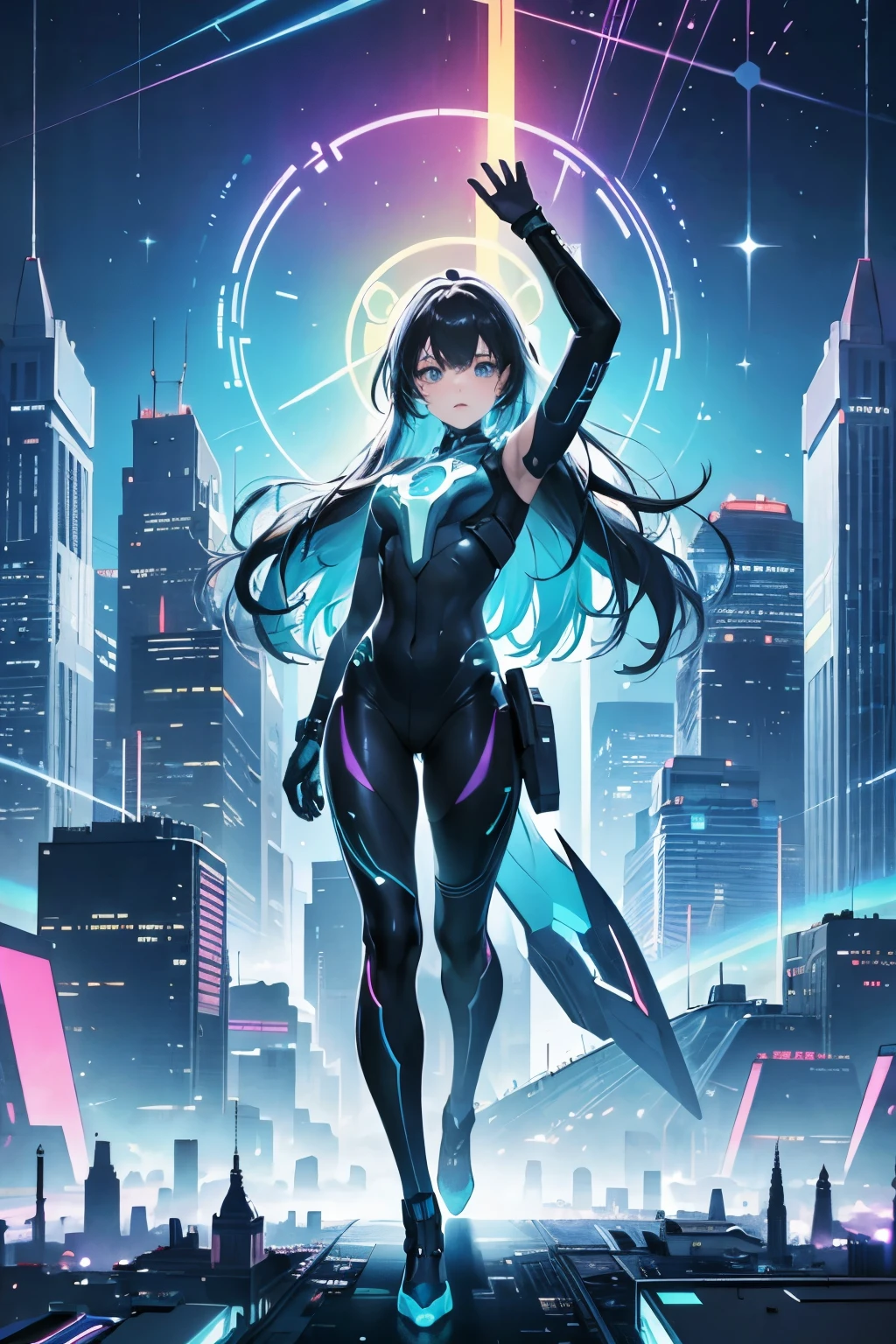 (Tech line style, Contains AI, The theme is "Futuristic Innovation")
(High resolution, Ultra-detailed, Sleek design)
A majestic AI figure, radiating a brilliant glow, stands at the center of the poster, triumphantly raising its hand, surrounded by a dynamic blend of electric blue and neon green rainbow colors. The AI's intricate, metallic body showcases intricate circuit designs, highlighted by the refracted light, suggesting advanced intelligence and technological prowess.
The background depicts a modern cityscape, characterized by gleaming skyscrapers, innovative infrastructure, and flying vehicles. The cityscape's holograph