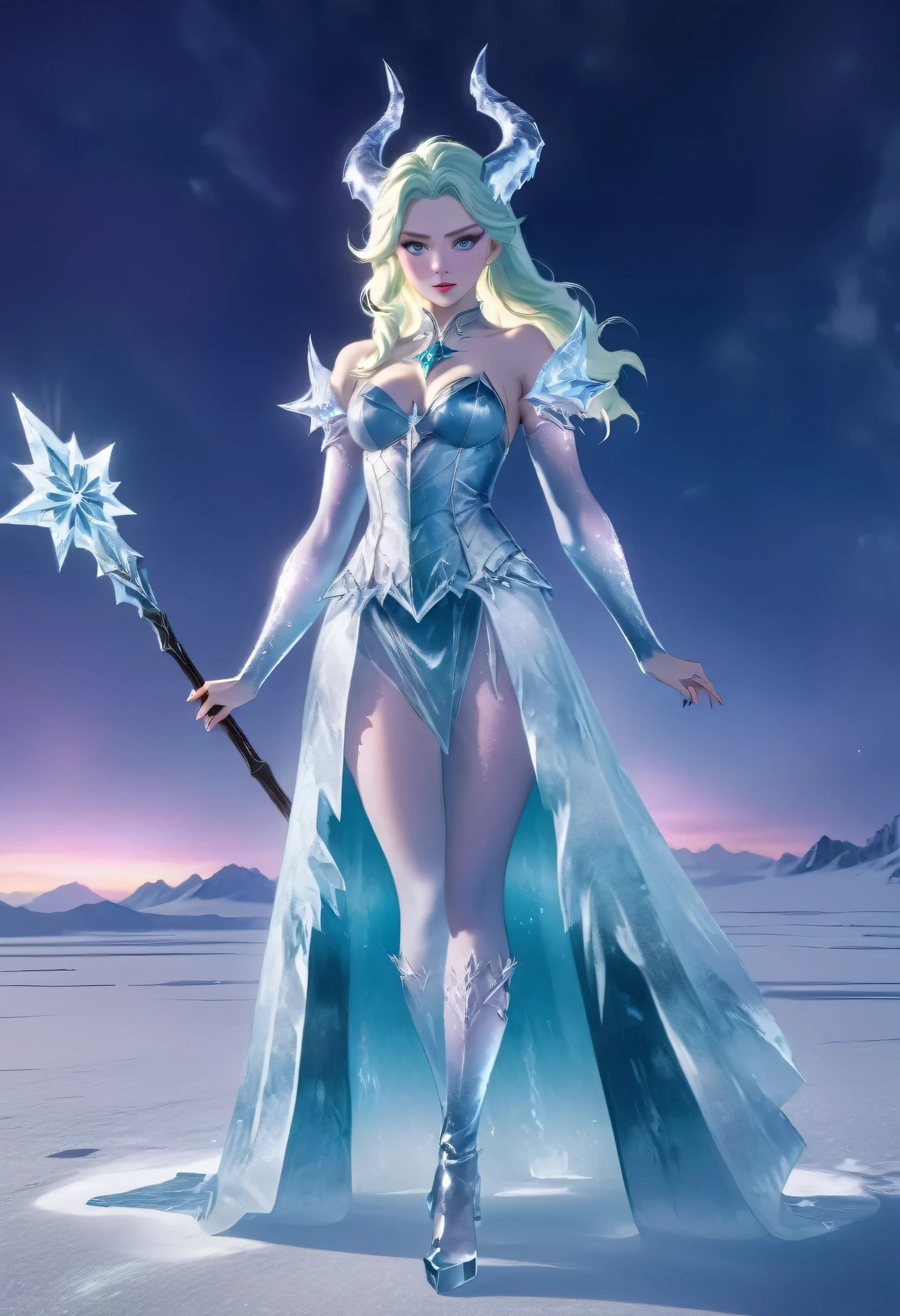 (8k, highest quality, masterpiece: 1.2), (realistic, realistic: 1.37), Super detailed, an ice female demon、Standing in the frozen snow field、Witch wearing pale armor, ((sexy costume:1)), SEXY female devil, ((aurora in the night sky)),