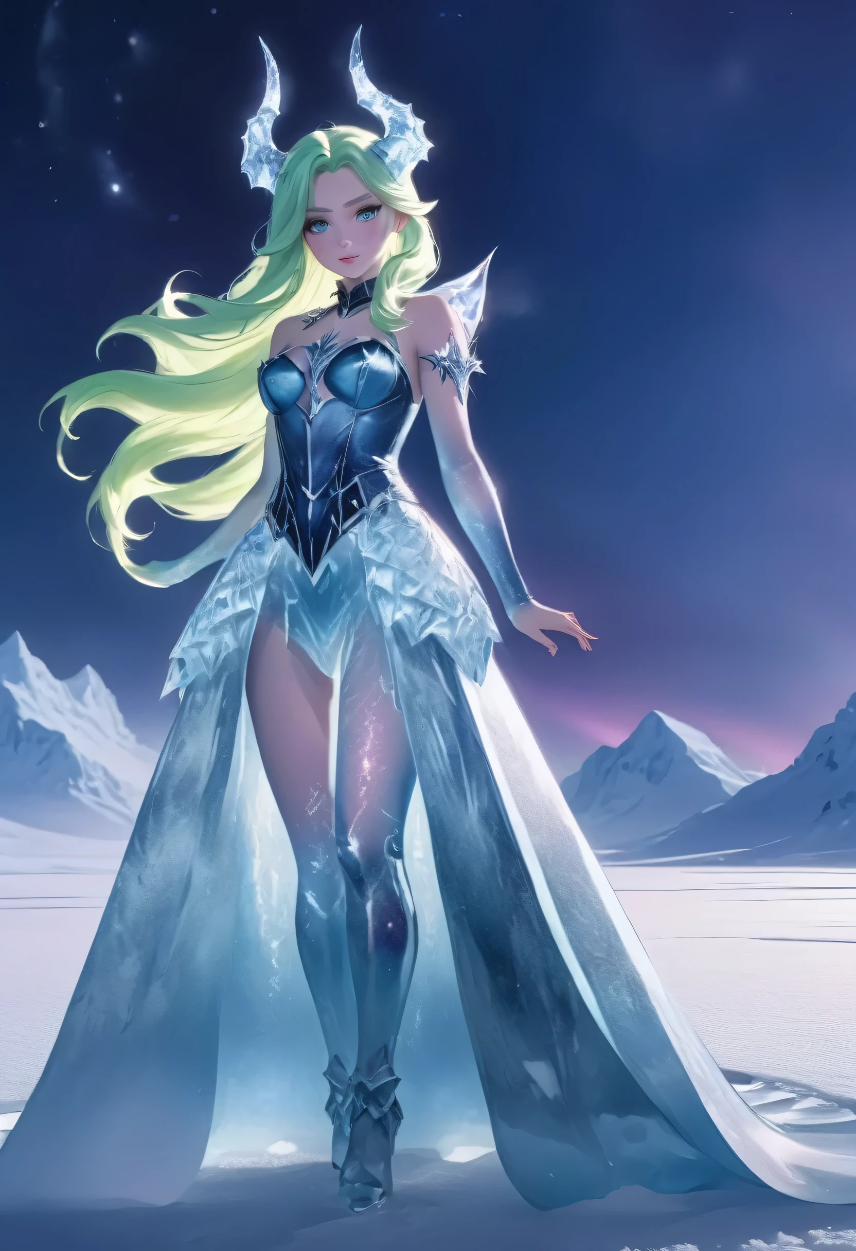 (8k, highest quality, masterpiece: 1.2), (realistic, realistic: 1.37), Super detailed, ((an ice female sexy demon:1))、Standing in the frozen snow field、Witch wearing pale armor, ((sexy costume:1)), SEXY female devil, ((aurora in the night sky)),