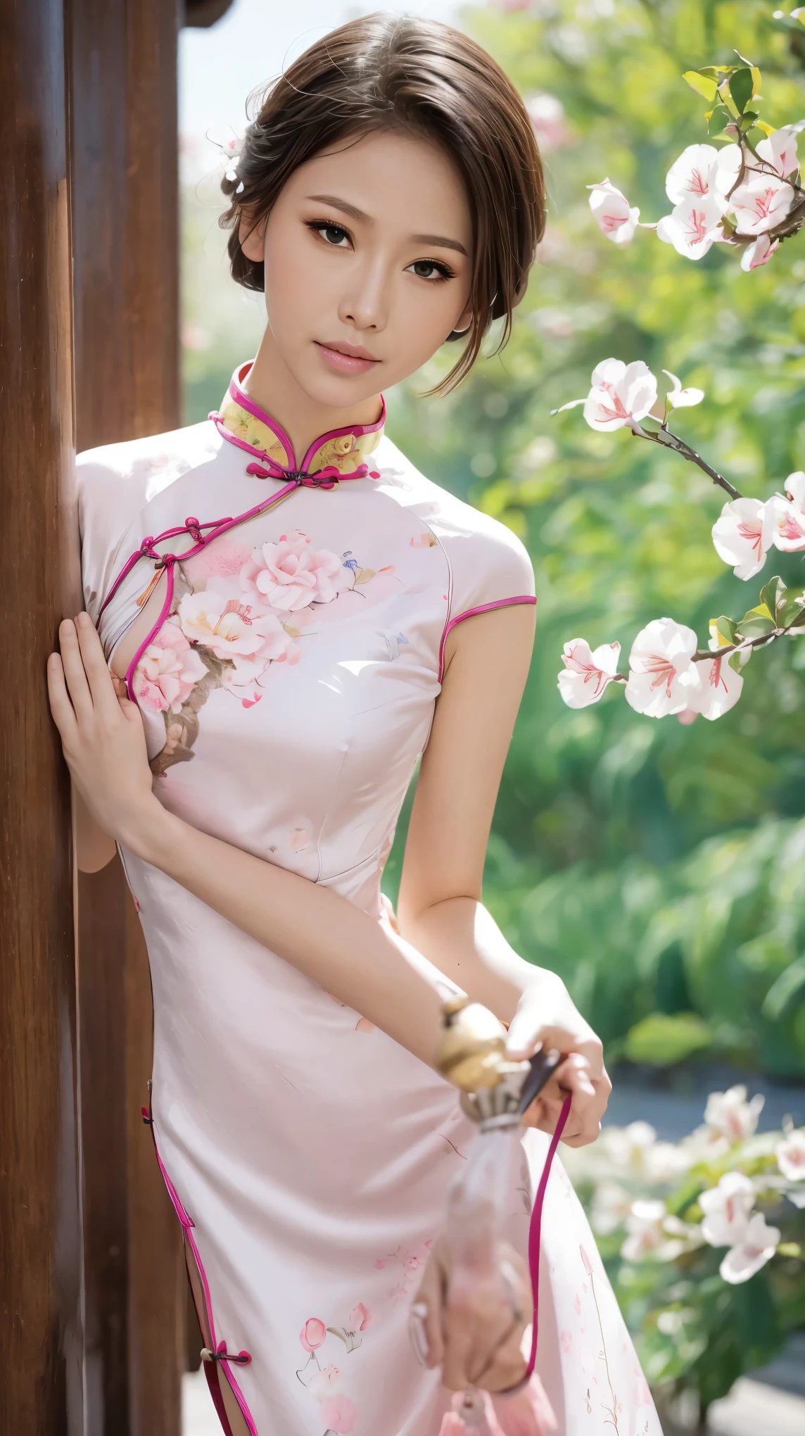 fashion model 18 years old [[[[Close-up cleavage]]]], [[[[]]]], [[[[Cole]]]], [[[[bshoulder]]]], perfect eyes, perfect iris，perfect lips，perfect teeth，Perfect skin，fair skin，Soft headlight，high dynamic range，((Pink Chinese cheongsam))，elegant posture，elegant movements，The background is Chinese interior decoration，Green trees outside the window，peach blossom，4k ultra high definition, ultra high resolution, (lifelike: 1.4), best quality，masterpiece，Ultra-diluted，（pastel colors：1.2）