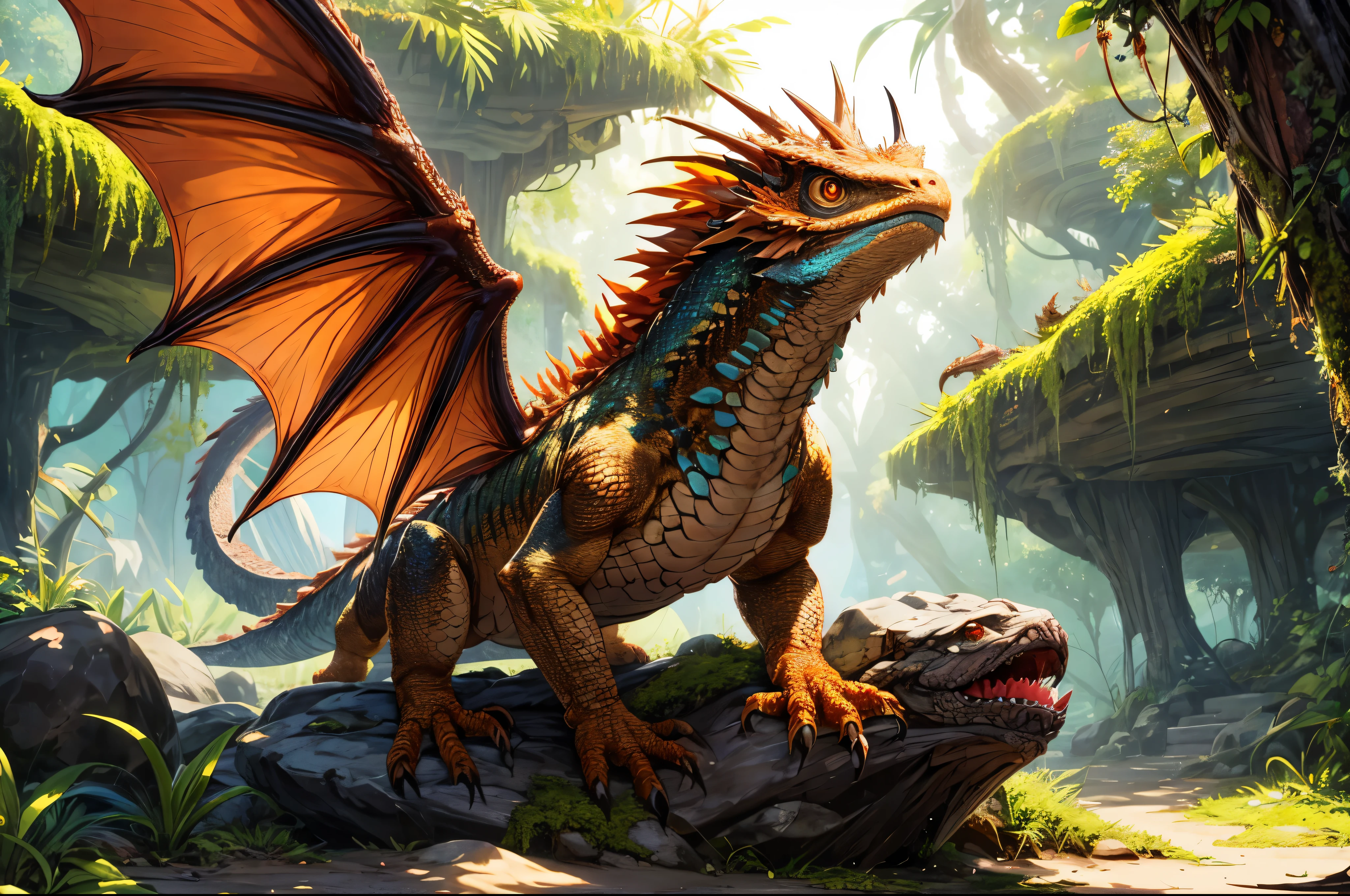 Wings:1,(best quality,realistic,ultra-detailed),dragon and bearded dragon hybrid,bearded dragon,tan and orange coloring,scaly texture,detailed scales,sharp claws,piercing eyes,long tail,wings sprouting from the back of the dragon,majestic posture,in a lush garden surrounded by blooming flowers,on top of a moss-covered rock,soft sunlight casting warm shadows,vibrant colors,powerful presence,natural blending of dragon and bearded dragon features,exquisite attention to detail.