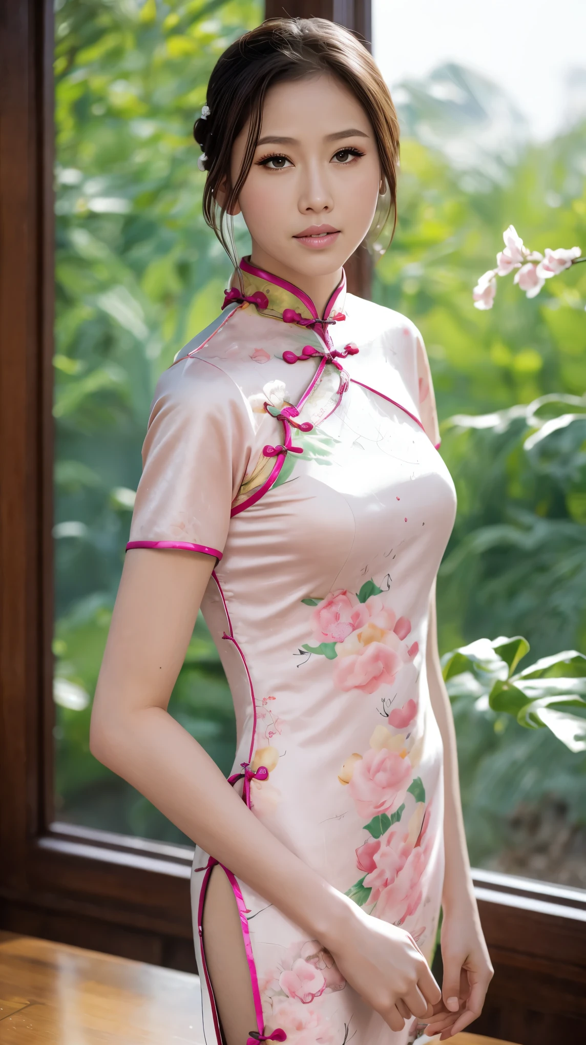 fashion model 18 years old [[[[Close-up cleavage]]]], [[[[]]]], [[[[Cole]]]], [[[[bshoulder]]]], perfect eyes, perfect iris，perfect lips，perfect teeth，Perfect skin，fair skin，Soft headlight，high dynamic range，((Pink Chinese cheongsam))，elegant posture，elegant movements，The background is Chinese interior decoration，Green trees outside the window，peach blossom，4k ultra high definition, ultra high resolution, (lifelike: 1.4), best quality，masterpiece，Ultra-diluted，（pastel colors：1.2）