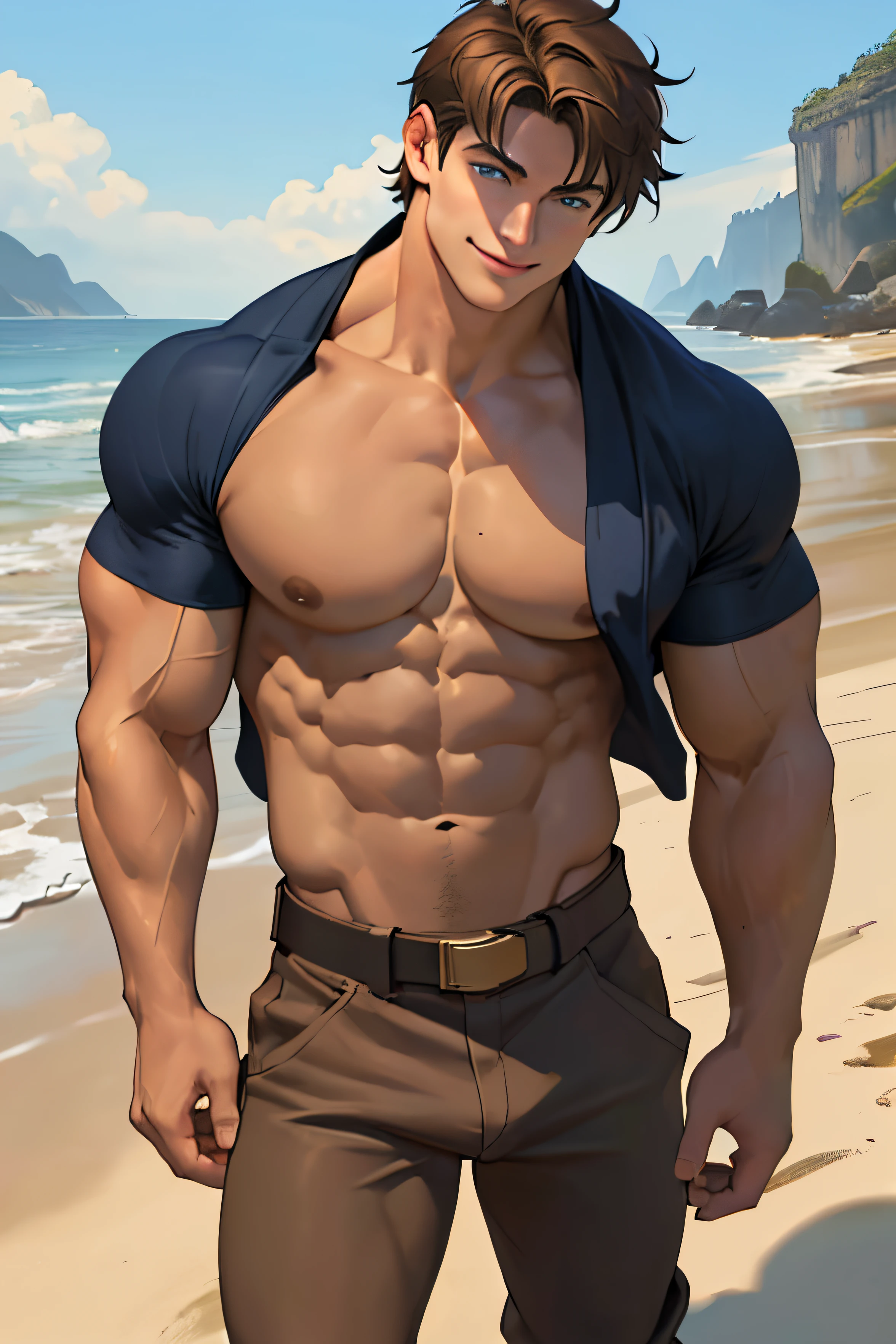 Head to knees image, close image (1man, shirtless, ripped muscles, topless, massive)), jet black dark hair, hair moved by the wind, short hair with bangs that fall over the forehead and on both sides of the face, masculine, human, attractive, handsome (detailed face, perfect face) ((extremely realistic shadows, masterpiece, extremely detailed, photorealistic), ((22 year old young man)), broad shoulders, huge, muscular pecs, strong man, bodybuilding posture, carefree expression, mischievous smile, huge, muscular body and Massive, bulging pecs, muscular abs, narrow waist, short hair, blue eyes, delicate big eyes, open your eyes ((detailed eyes)) Ruins of a Jedi temple with a rocky dbeach, Jedi style baggy brown pants and light brown cloth belt. Extremely muscular tall man
