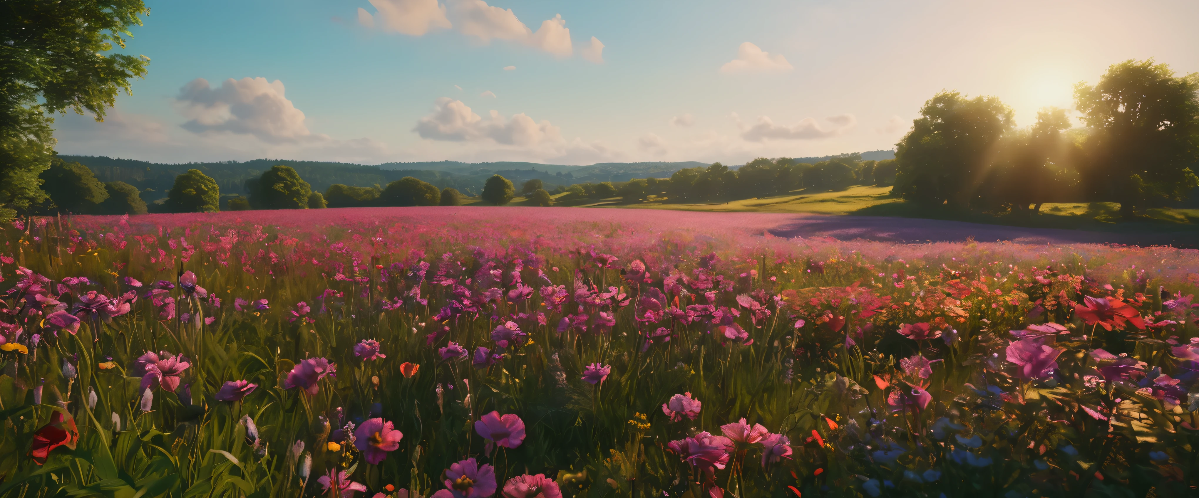 (best quality,8k,highres:1.2),(hyperrealism:1.1),vibrant colors,sharp focus,insanely detailed,(2k1:1.1) style landscape scene,ultra-detailed rendering,impressively lifelike,rich and dynamic colors,epic beauty,meticulous composition of elements,lpainting of a field of flowers with a sky background, in a field with flowers, field flowers, scene in an open field. 1  0, in a field of flowers, meadow with flowers, field of flowers, airy landscape, in a meadow, flower field, field of pink flowers, inspired by Benjamin Williams Leader, meadow flowers, an aesthetic field of flowers,impressive level of intricate details,perfectly captured reflections,flawlessly executed lighting and shadows,immersive sense of depth and dimensionality,extraordinary level of realism creating a mesmerizing visual experience.