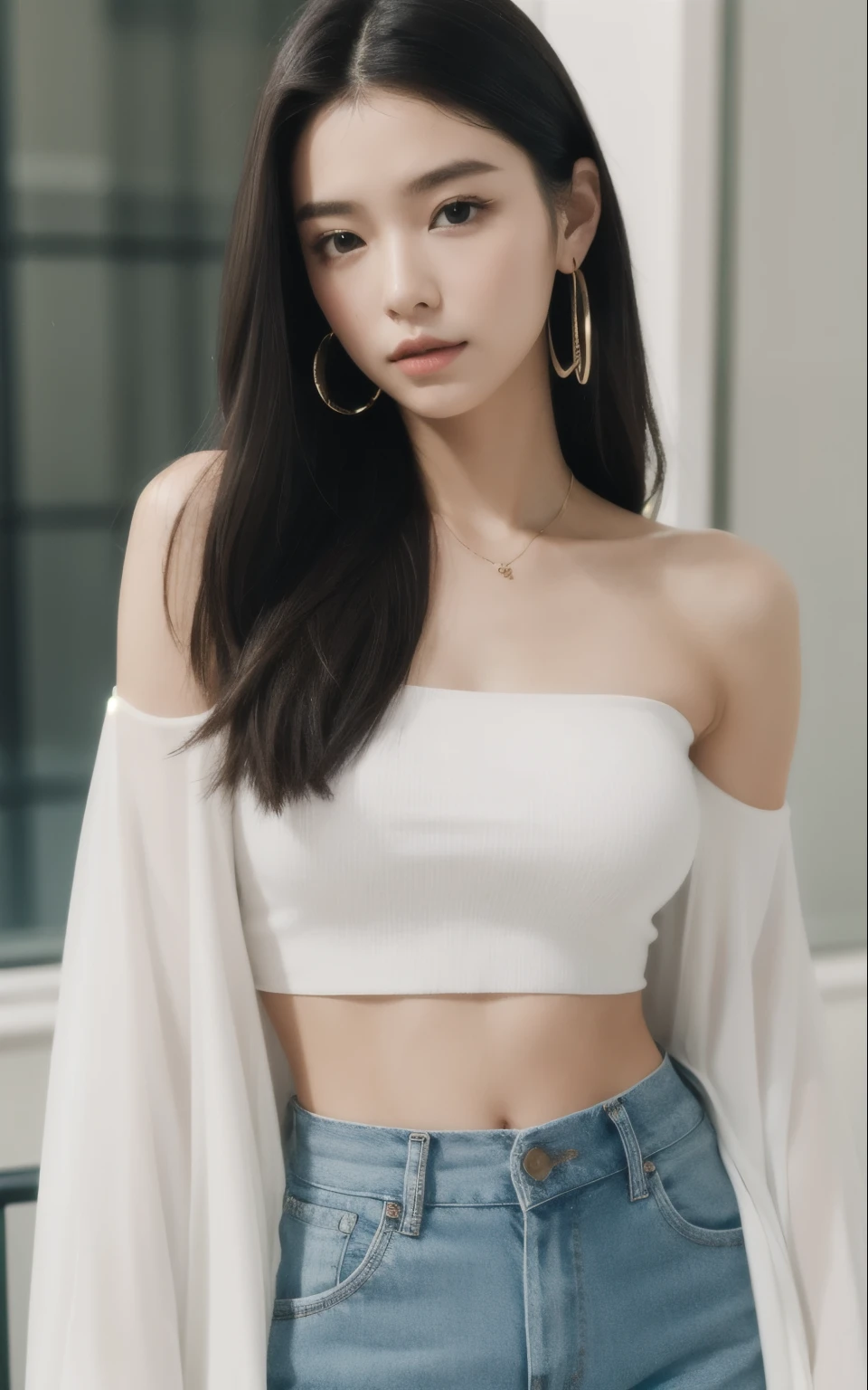 masterpiece, highest quality, alone, 1 girl, glowing skin, hoop earrings, glamorous, quirky details, slicked hair, fascinating, bare shoulders, crop top, long pants, shallow depth of field, contrasting, Professional models, facing the front, portrait , black hair
