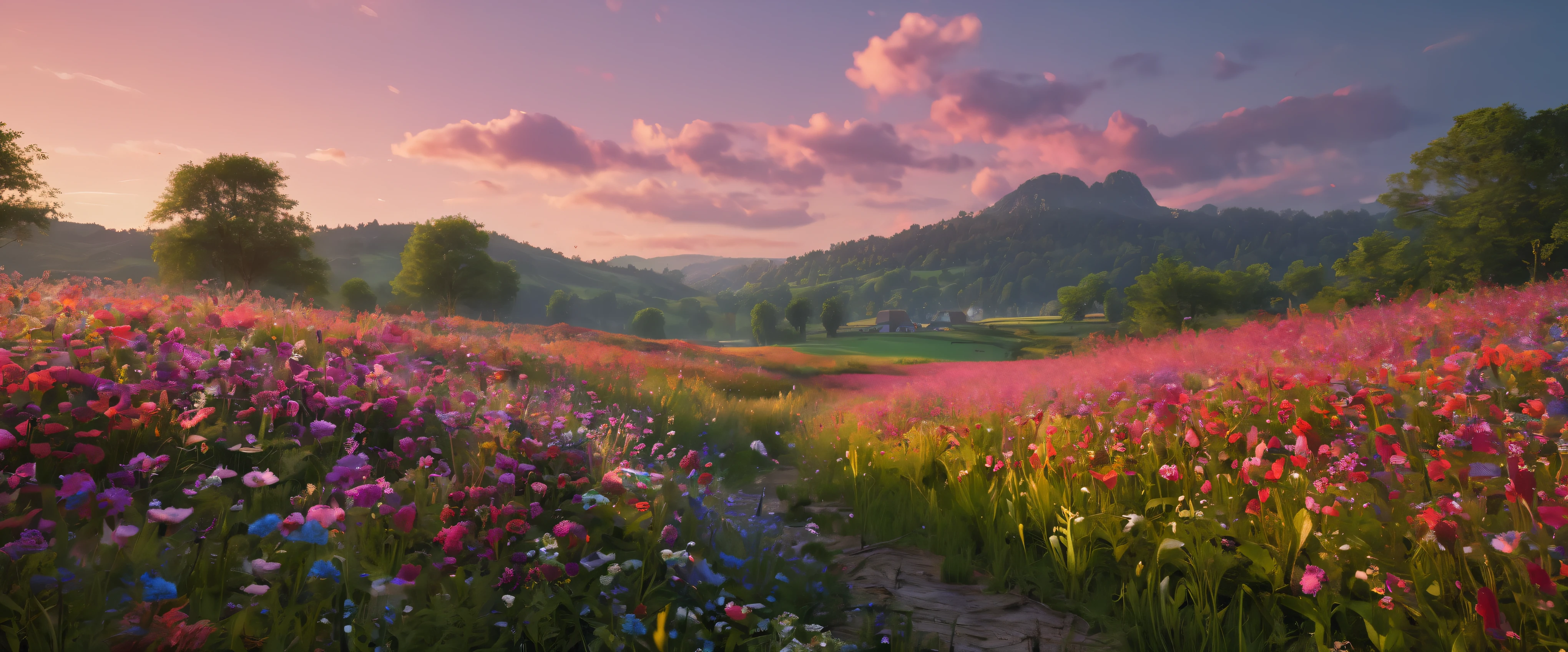 (best quality,8k,highres:1.2),(hyperrealism:1.1),vibrant colors,sharp focus,insanely detailed,(2k1:1.1) style landscape scene,ultra-detailed rendering,impressively lifelike,rich and dynamic colors,epic beauty,meticulous composition of elements,lpainting of a field of flowers with a sky background, in a field with flowers, field flowers, scene in an open field. 1 0, in a field of flowers, meadow with flowers, field of flowers, airy landscape, in a meadow, flower field, field of pink flowers, inspired by Benjamin Williams Leader, meadow flowers, an aesthetic field of flowers,impressive level of intricate details,perfectly captured reflections,flawlessly executed lighting and shadows,immersive sense of depth and dimensionality,extraordinary level of realism creating a mesmerizing visual experience.