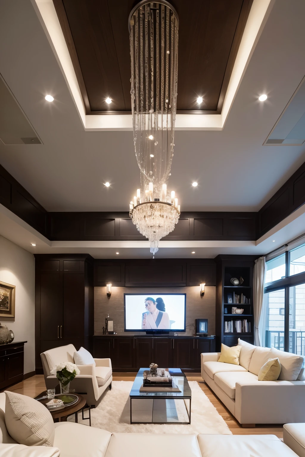 In this exquisitely designed living room, the high-end decoration comes to life, skillfully merging elegant aesthetics with functional convenience. The lofty ceiling casts an allure of light and shadow, radiant crystal chandeliers adding a celestial touch, enhancing the luxurious ambiance of the space. Large-scale floor-to-ceiling windows open to welcome in sunlight, harmoniously paired with plush leather sofas and high-grade solid wood coffee tables, emphasizing the refined charm of affluent living.

At the same time, the incorporation of concealed storage spaces and advanced smart home systems underscores a thoughtful design philosophy, balancing the