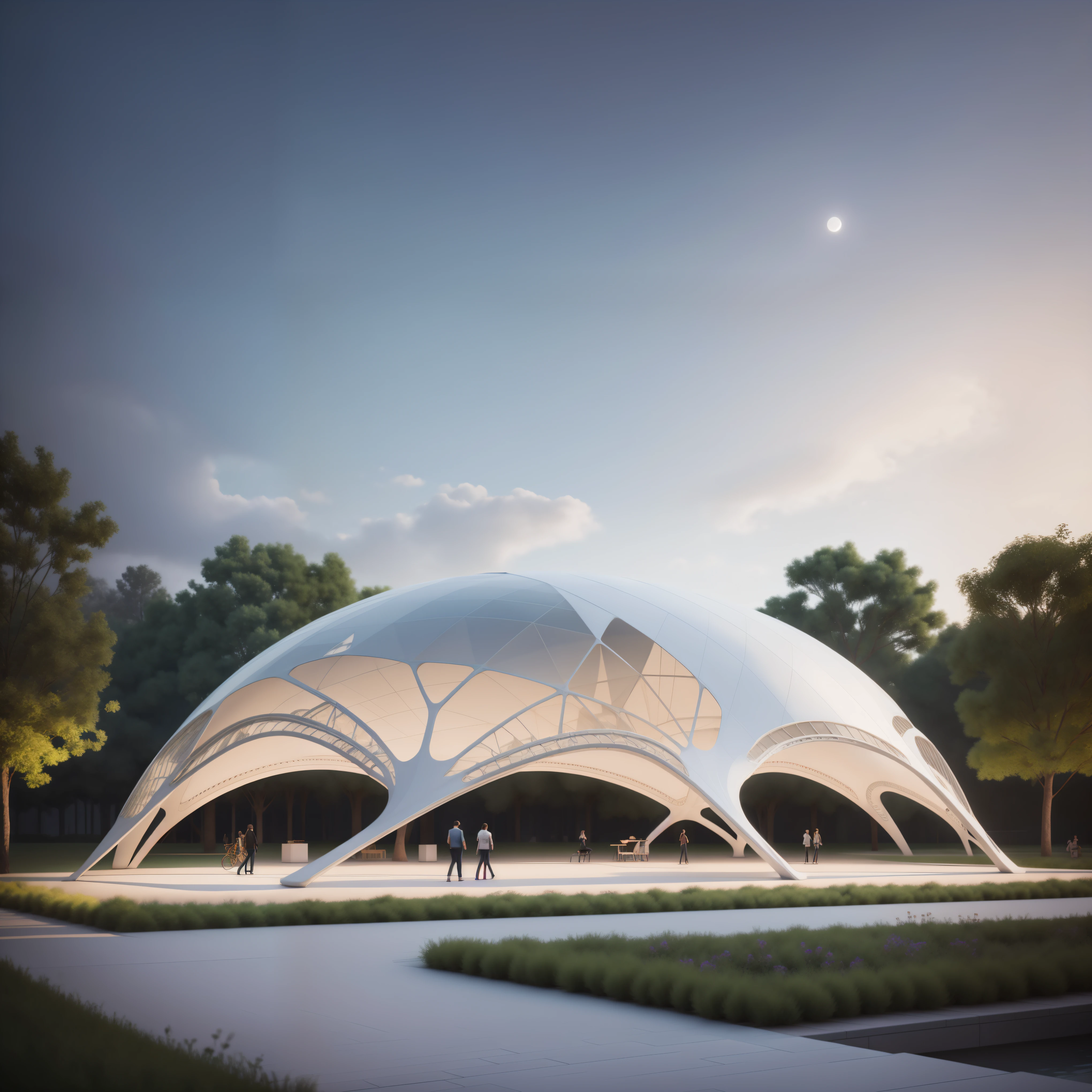 There is a huge white building in the center of the park,The roof adopts membrane structure,has a big roof, Geodesic architecture, futuristic dome, architectural rendering, architectural rendering, Detailed rendering, Moonlight rendering, High quality rendering, architectural renderinging, Geodesic architecture, With 3D rendering, With 3D rendering, Render eight, Highly detailed rendering, 3D printing architecture