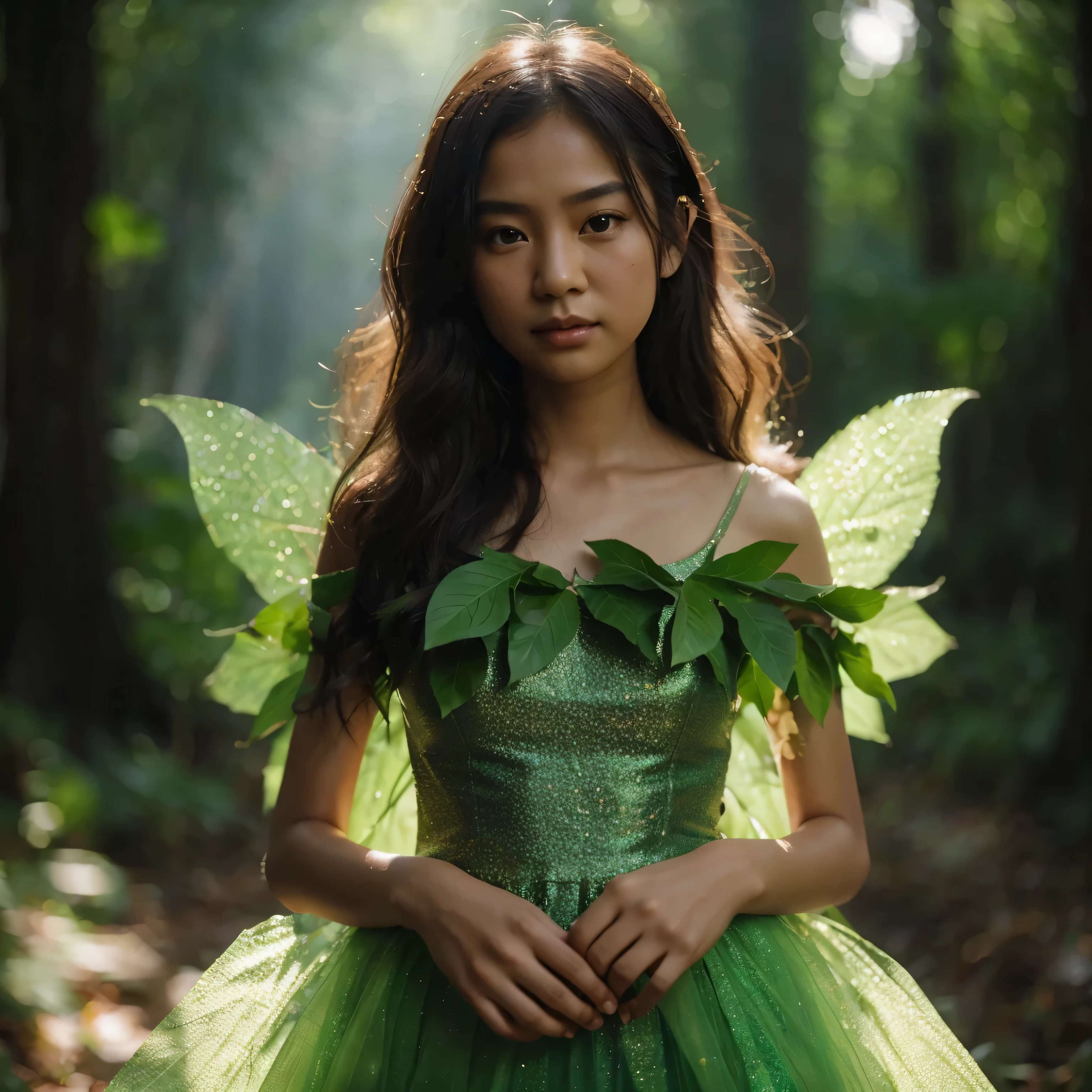realistics fairy young asian girl standing portrait, cinematic, sharp colour, extreme details, structure details, face details, best shadowing, 8k, UHD, photo realistics, no defects, barefoot, plain background deep green forest with dimmed sunlight went through from the trees, artistic glittery fairy clothes with artistics real lime green leaf from upper to knee, the dress is very details, floating from the floor