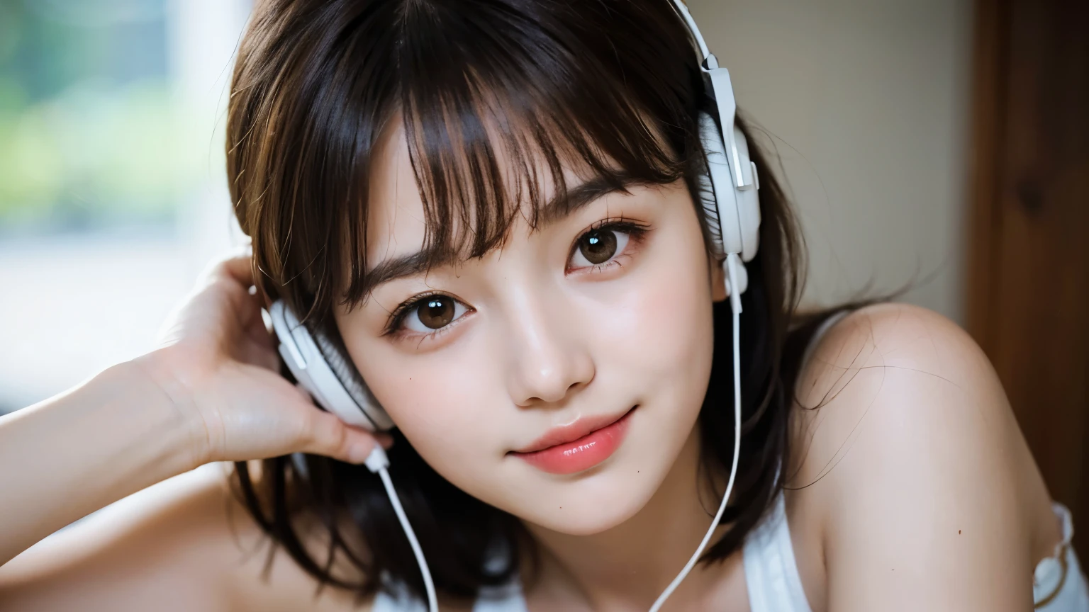 (masterpiece:1.3), (8K, realistic, RAW photo, highest quality: 1.4), soft light, professional lighting, 1 girl, 16 years old, cute, pure beauty, closed mouth, smile, brown short hair, bangs, wearing headphones