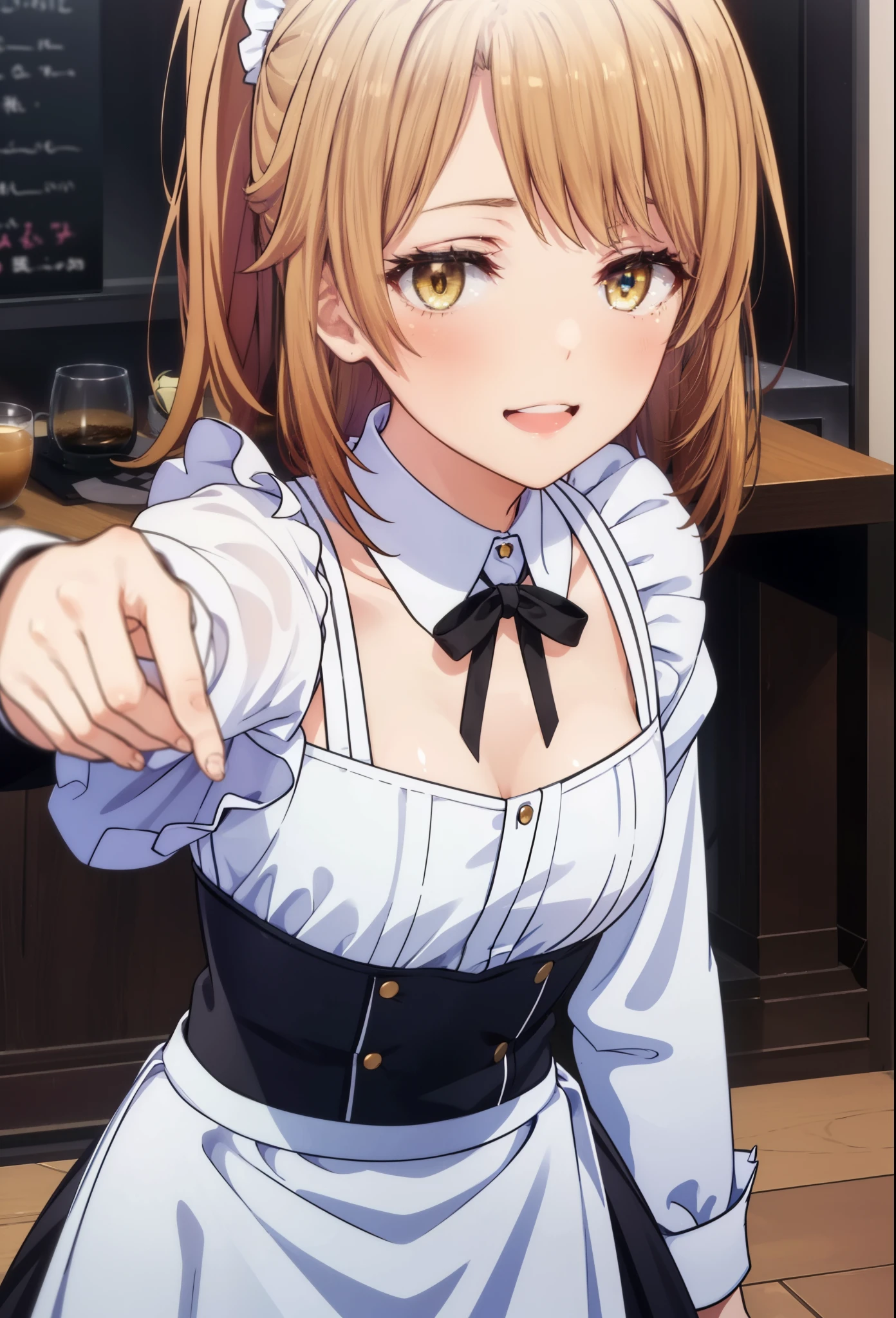 irohaisshiki, iroha isshiki, long hair, brown hair, (brown eyes:1.5), Smile, smile, open your mouth,ponytail,blush,smile,Maid clothes,bare chest,Medium chest,she was wearing a long skirt, black pantyhose, So that the whole body goes into the illustration,
break indoors, coffee shop,
break looking at viewer,
break (masterpiece:1.2), highest quality, High resolution, unity 8k wallpaper, (shape:0.8), (fine and beautiful eyes:1.6), highly detailed face, perfect lighting, Very detailed CG, (perfect hands, perfect anatomy),