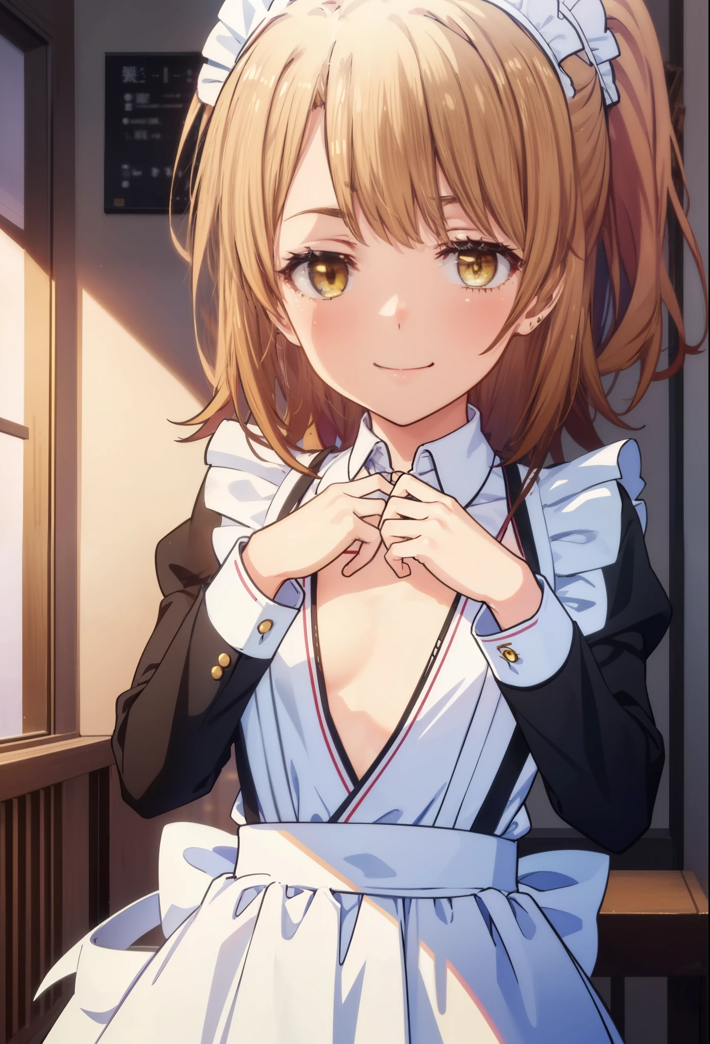 irohaisshiki, iroha isshiki, long hair, brown hair, (brown eyes:1.5), Smile, smile, open your mouth,ponytail,blush,smile,Maid clothes,bare chest,Medium chest,she was wearing a long skirt, black pantyhose, So that the whole body goes into the illustration,
break indoors, coffee shop,
break looking at viewer,
break (masterpiece:1.2), highest quality, High resolution, unity 8k wallpaper, (shape:0.8), (fine and beautiful eyes:1.6), highly detailed face, perfect lighting, Very detailed CG, (perfect hands, perfect anatomy),