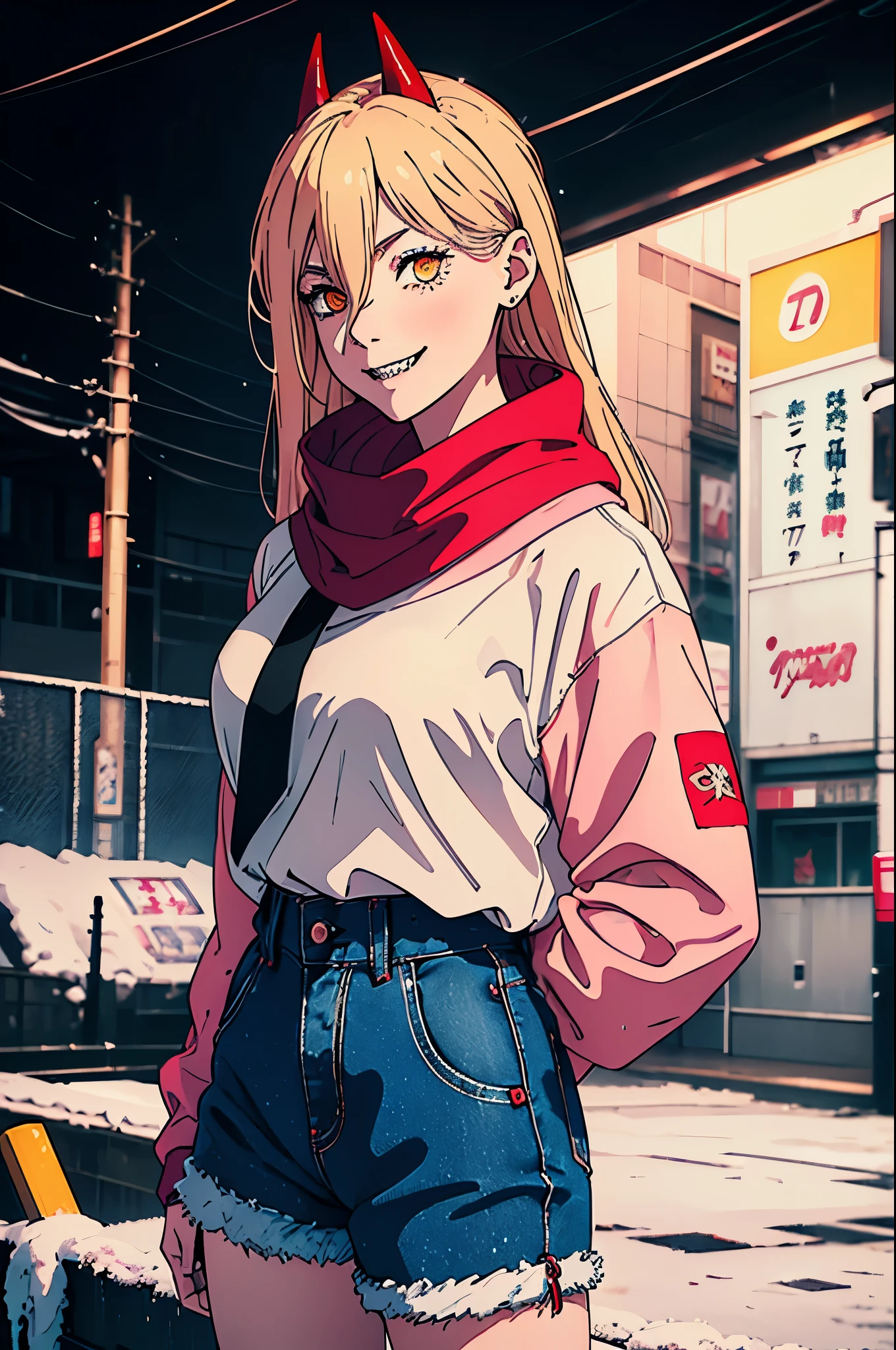 power from chainsawman, yellow vivid eyes, with her iconic two red horns on top her head, fangs, sharp teeth, wearing white sweatshirt, pink neck scarf, denim shorts, winter setting, street, tokyo, snowing, heavy snow, outdoor, standing, god rays, sparkle, excited pose, smiling, excited, busy street