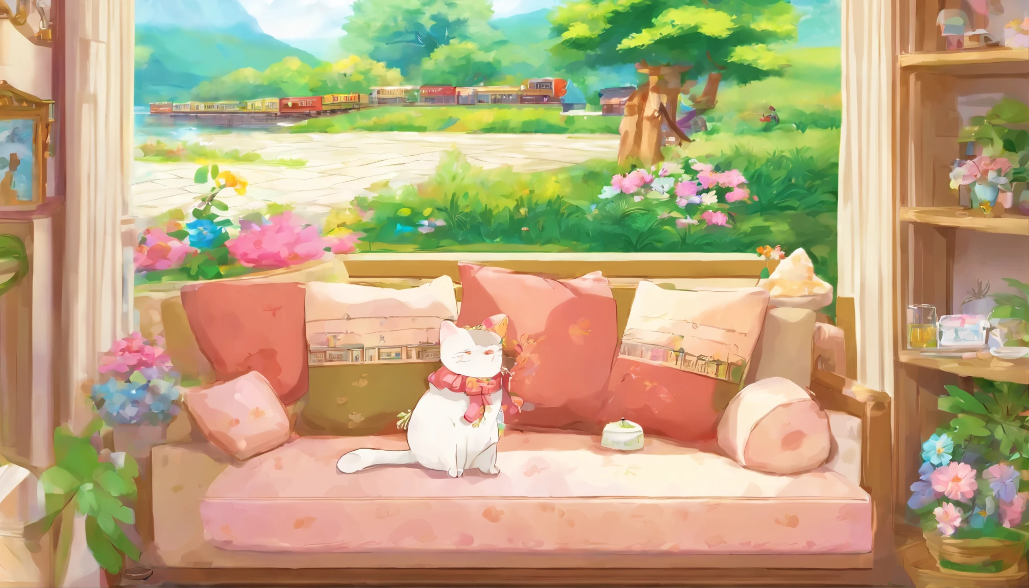highest quality,Flawless3D ,High resolution,I can see the sea,cafe terrace,Cat,Drink a hot cup of coffee,stylish fireplace,A comfortable sofa to sit comfortably on,natural scenery,flower々,Terrace scenery,sleeping cat,Elaborate depiction,nostalgic,pale color,For women in their 20s,