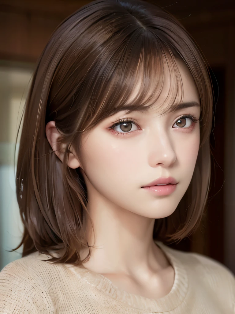(Masseter muscle part:1.3)、(8K、Photoreal、RAW photo、highest quality: 1.4)、(1 girl)、beautiful face、(lifelike face)、(brown hair:1.5)、(medium hair)、beautiful hairstyle、(One eye is hidden by bangs:1.2)、beautiful and fine eyes、(real looking skin)、beautiful skin、(sweater)、absurd、attractive、超A high resolution、surreal、high detail、golden ratio
