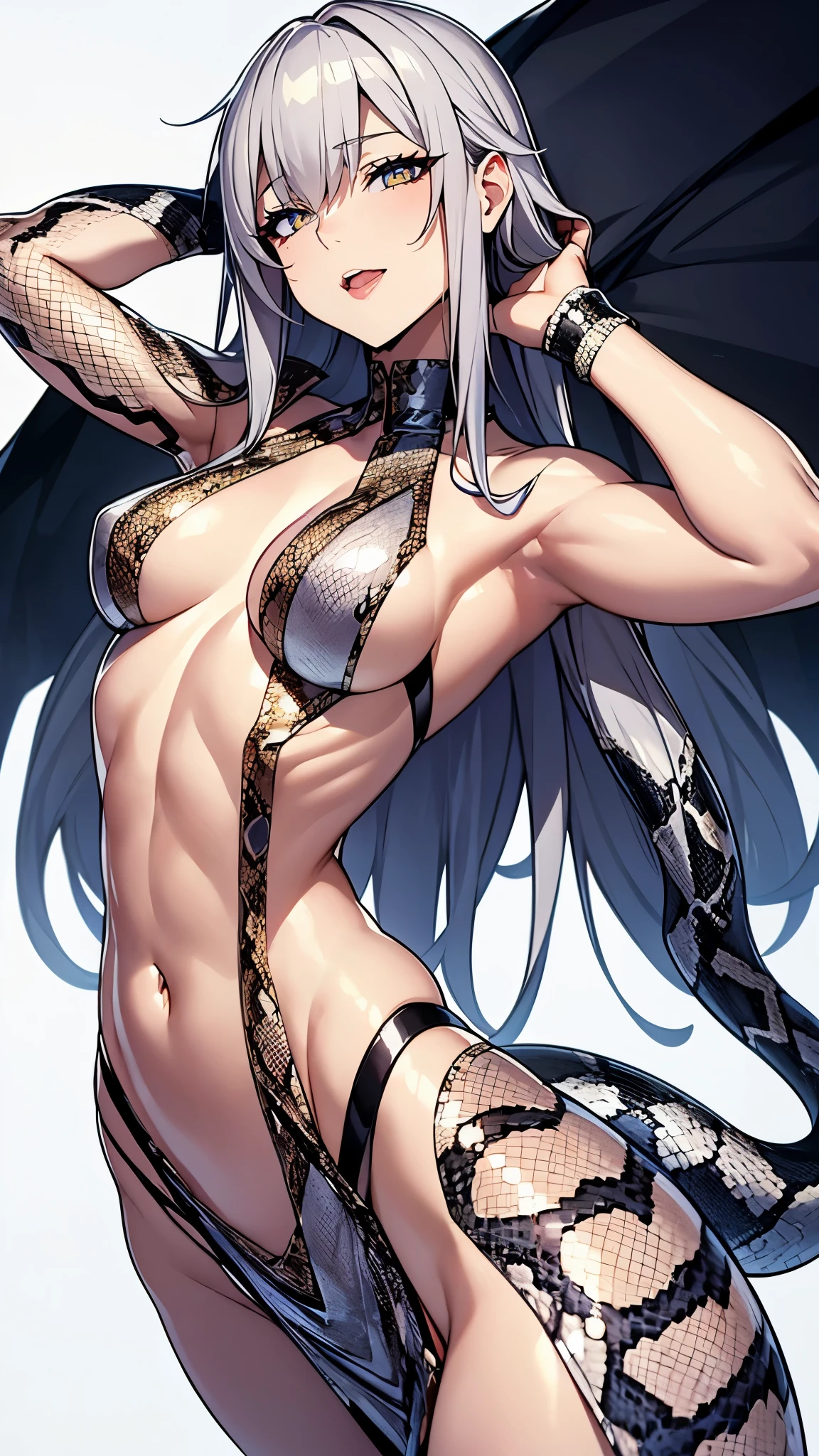 ((8K resolution))、((highest quality))、((masterpiece))、((Super detailed))((((dramatic))), (anatomically correct)、Depth of object being written、look at the camera、one person、one personの女性、front、eight-headed body、thinけど筋肉質な体, defined abs, toned arms, 長くてthin脚, Athletic Presence,pale skin、thin、messy long hair、gray hair、snake tongue、stuck out tongue、tongue piercing、ギザギザのteeth、(八重teeth)、teeth、yellow eyes、half closed eyes / Bad mood 、tattoo、(theme、whole body:1.1),snakeskin dress、 snake tail、white background