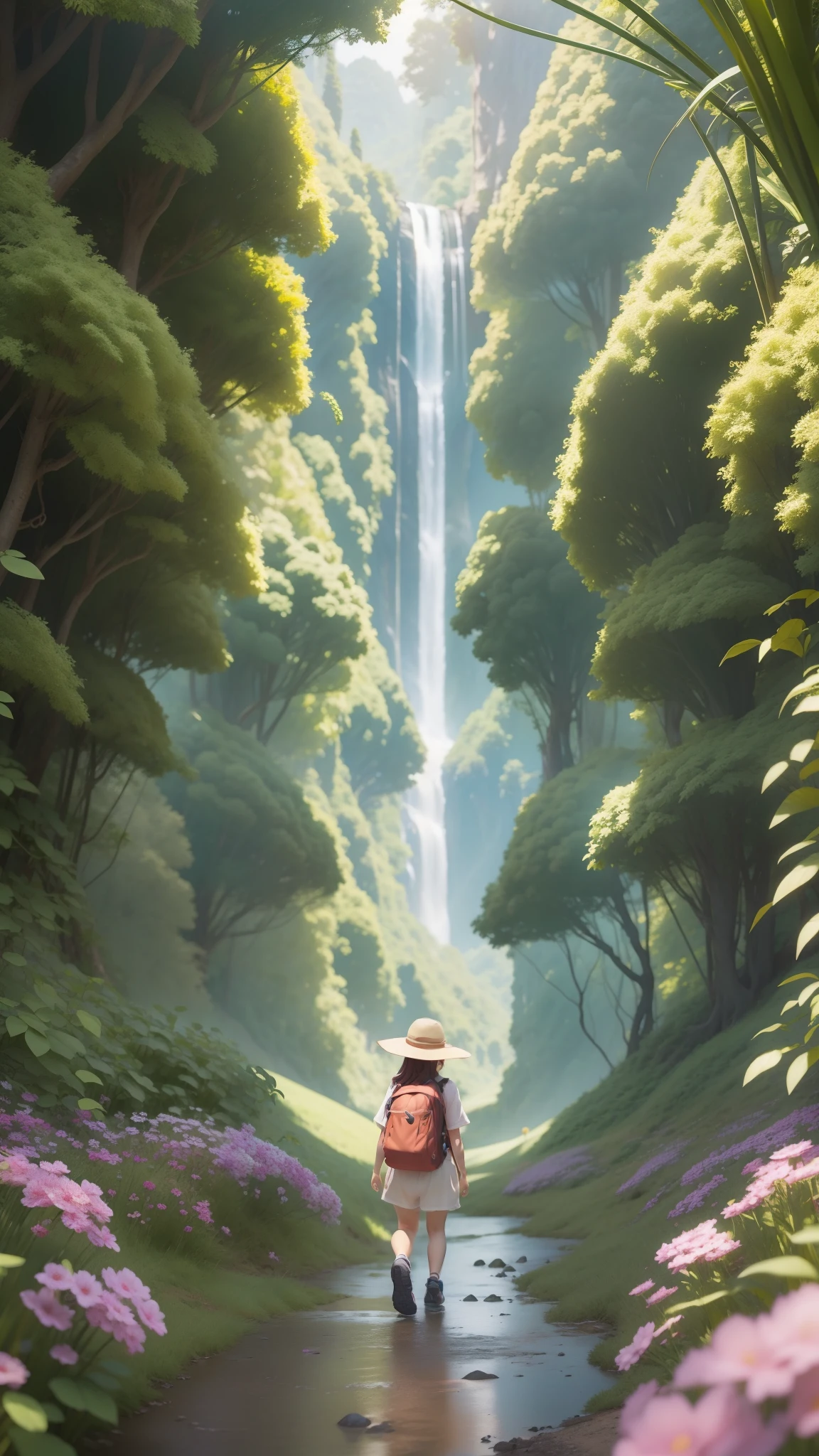 Zhangjiajie Scenic Area，Wear a sun hat、Cartoon character carrying a backpack，female explorer mini cute girl，walking in the wilderness，Jungle of flowers and plants，animation style rendering，Lovely 3D rendering，little guy。Unreal Engine 5，stylized anime，Lovely and detailed digital art，Artie Guérin 8 K，Stylized 3D rendering，Adventure surreal rendering，Anime style 3D，Stylized 3D rendering