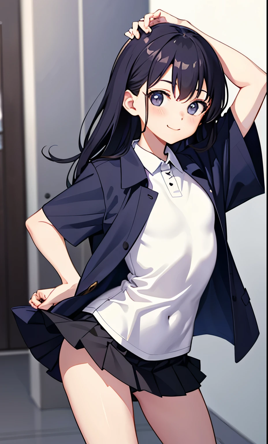 girl、smile、shirt、skirt、uniform、（small breasts）、flat chest、cute crotch、movement、（small breasts）、、