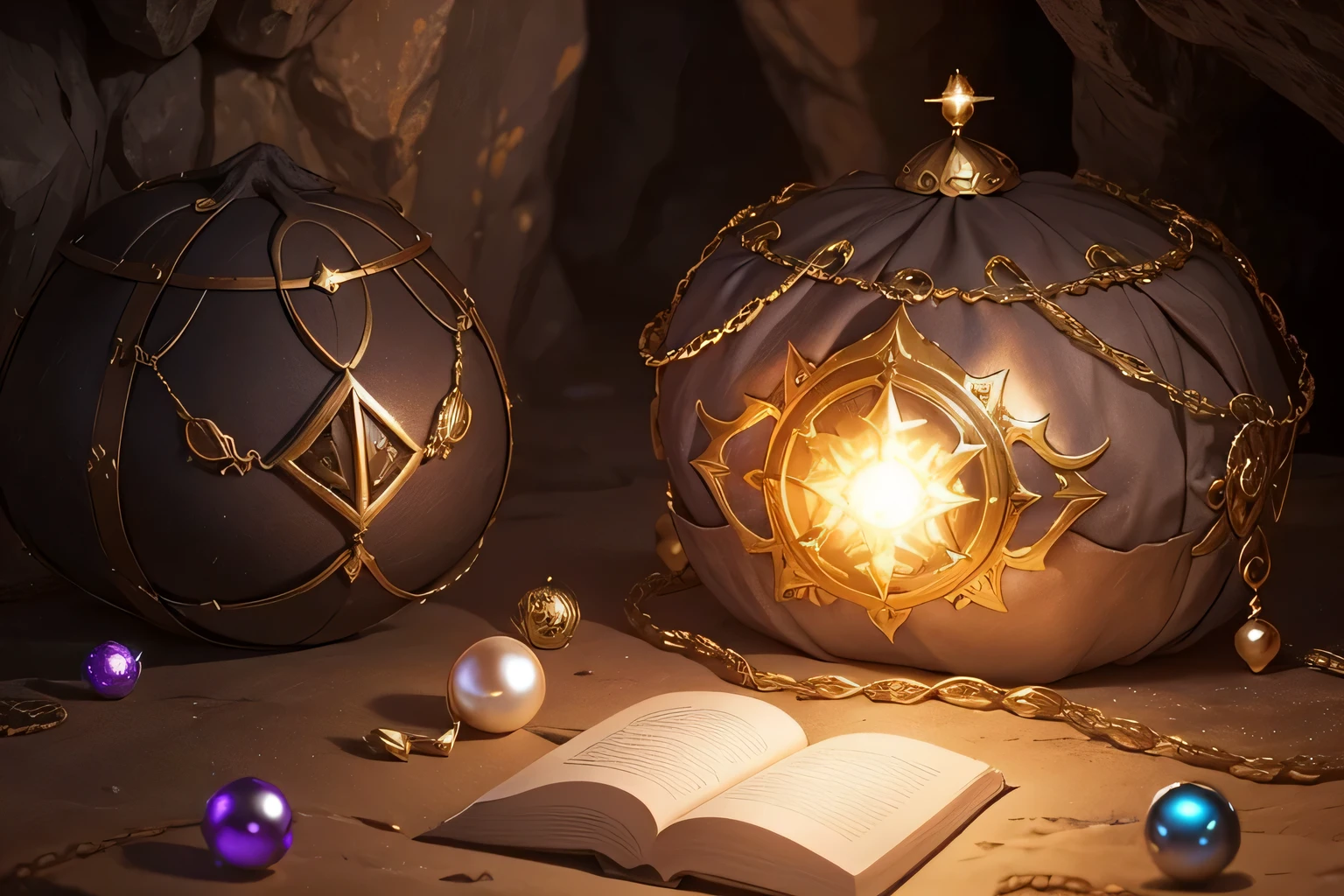 a bag of pearls that radiate holy and magical in a cave in a dungeon, medieval Fantasy RPG