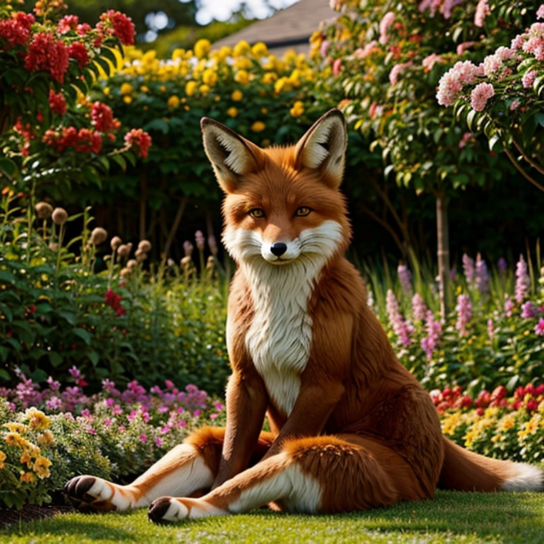 fox, (monster girl), long brown ears with darker brown inside, brown fur, tan neck fluff, brown fluffy tail with a tan tip, large brown eyes, wearing modest clothing, sitting in a flower garden, masterpiece, best quality