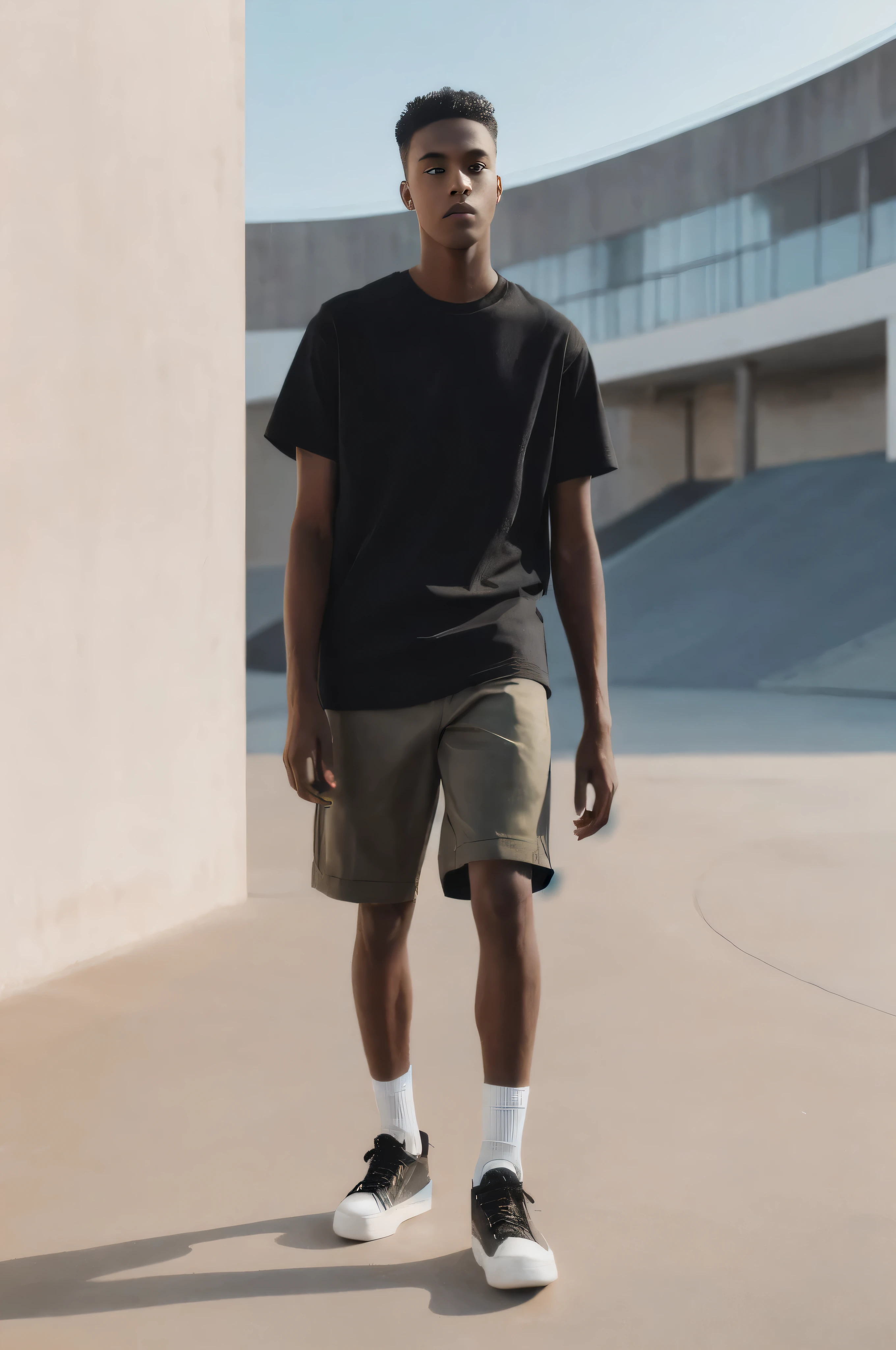 arafed man in black shirt and khaki shorts standing on skateboard, wearing shorts and t shirt, young man with short, tan skin a tee shirt and shorts, outlive streetwear collection, short in stature, wearing black shorts, perfectly poised, lookbook, gray shorts and black socks, mid shot portrait, casual streetwear, cargo shorts, full body portrait shot, classic vibes
