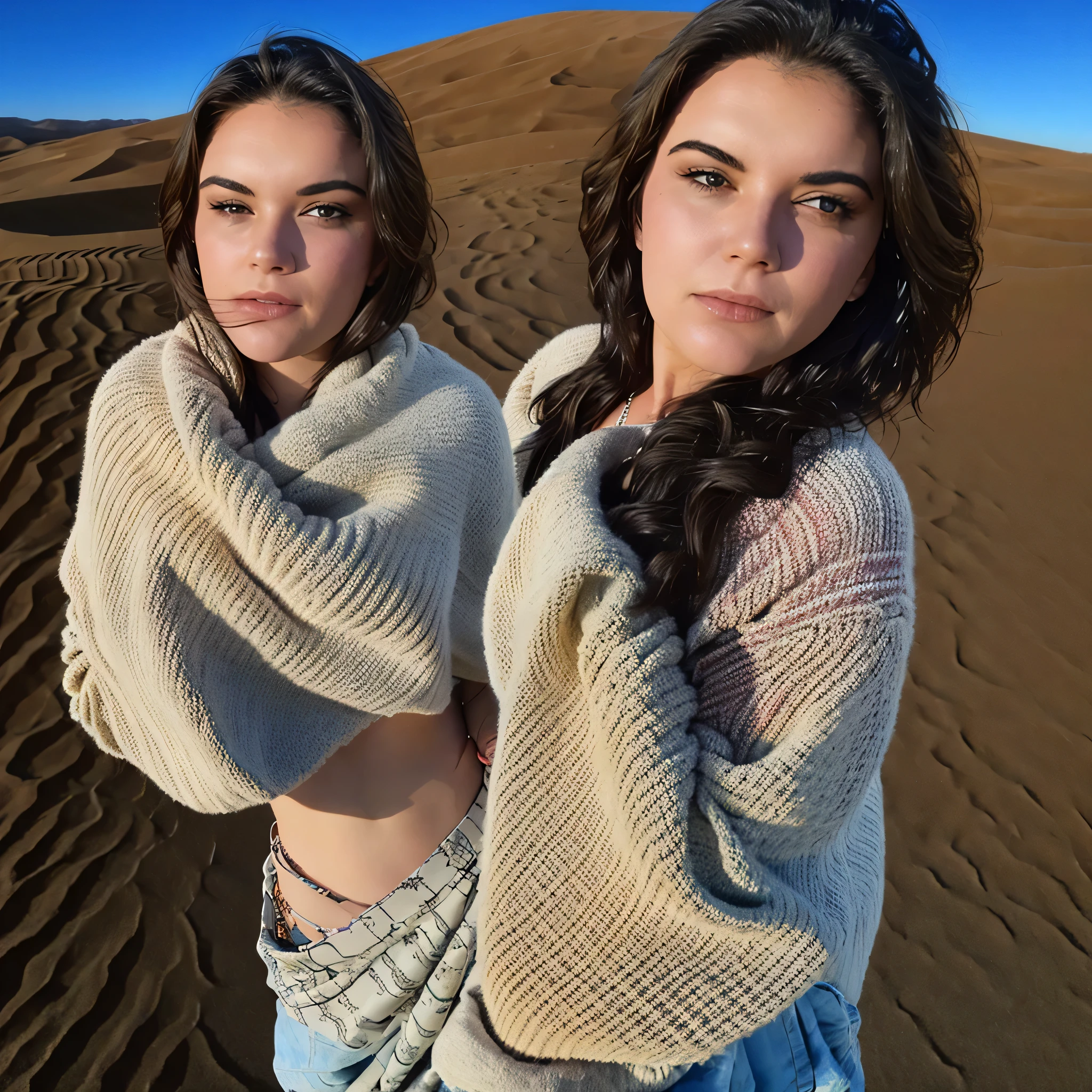 a European woman, ((blowing long brunette hair)), sitting on top of Sahara sand dune, sand in wind, breeze, sunrays, bbw, (cleavage), (big curvy breasts), red flowing hijab, natural skin, bright eyes, 24mm, 4k, soft cinematic light, RAW photo, photorealism, photorealistic, intricate, elegant, highly detailed, sharp focus, ((((cinematic look)))), soothing tones, insane details, intricate details, hyperdetailed, low contrast, soft cinematic light, dim colors, exposure blend, hdr, faded