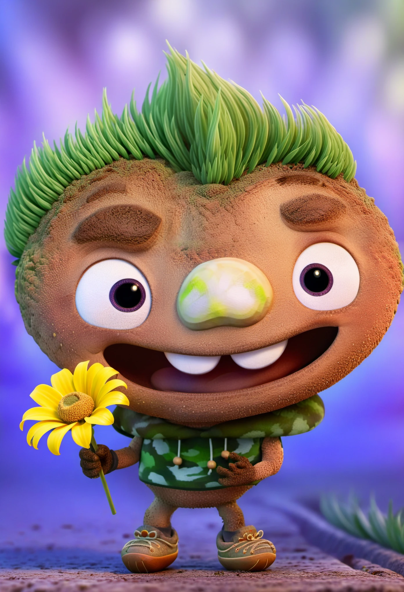 cartoon character wide face, clod, clod closeup portrait, evil smile emotions, smirk, holding a flower, flower in right hand, looking at side, blurred background