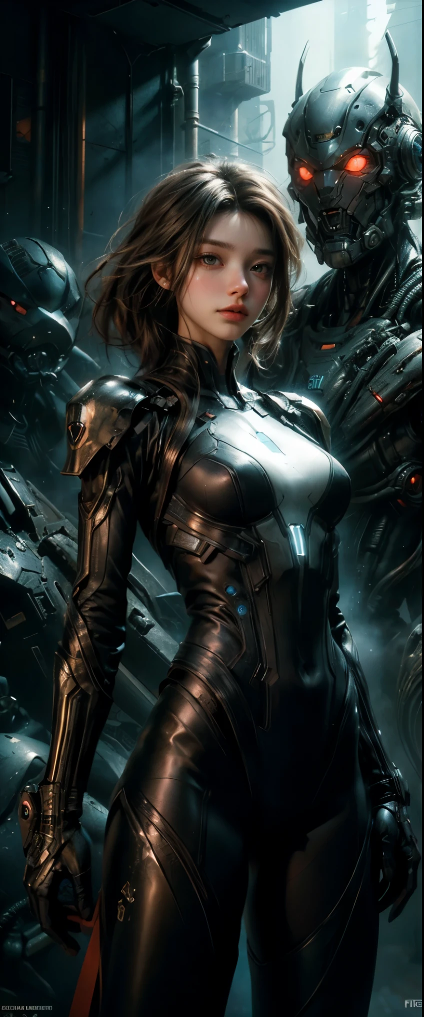 ((masterpiece, highest quality, Highest image quality, High resolution, photorealistic, Raw photo, 8K)), Ultra Wide Angle, Alien Landscap, A female stands next to an Alafedro robot on top of a hill, influenced by Stefan Koidl's background of discarded mechas. The art created by Craig Mullins, specifically in the style of Craig Mullins' Necro, portrays a detailed and futuristic science fiction scene. The emphasis is on SF concept art, with vivid colors and sharp focus. The overall lighting captures the essence of concept art in films,