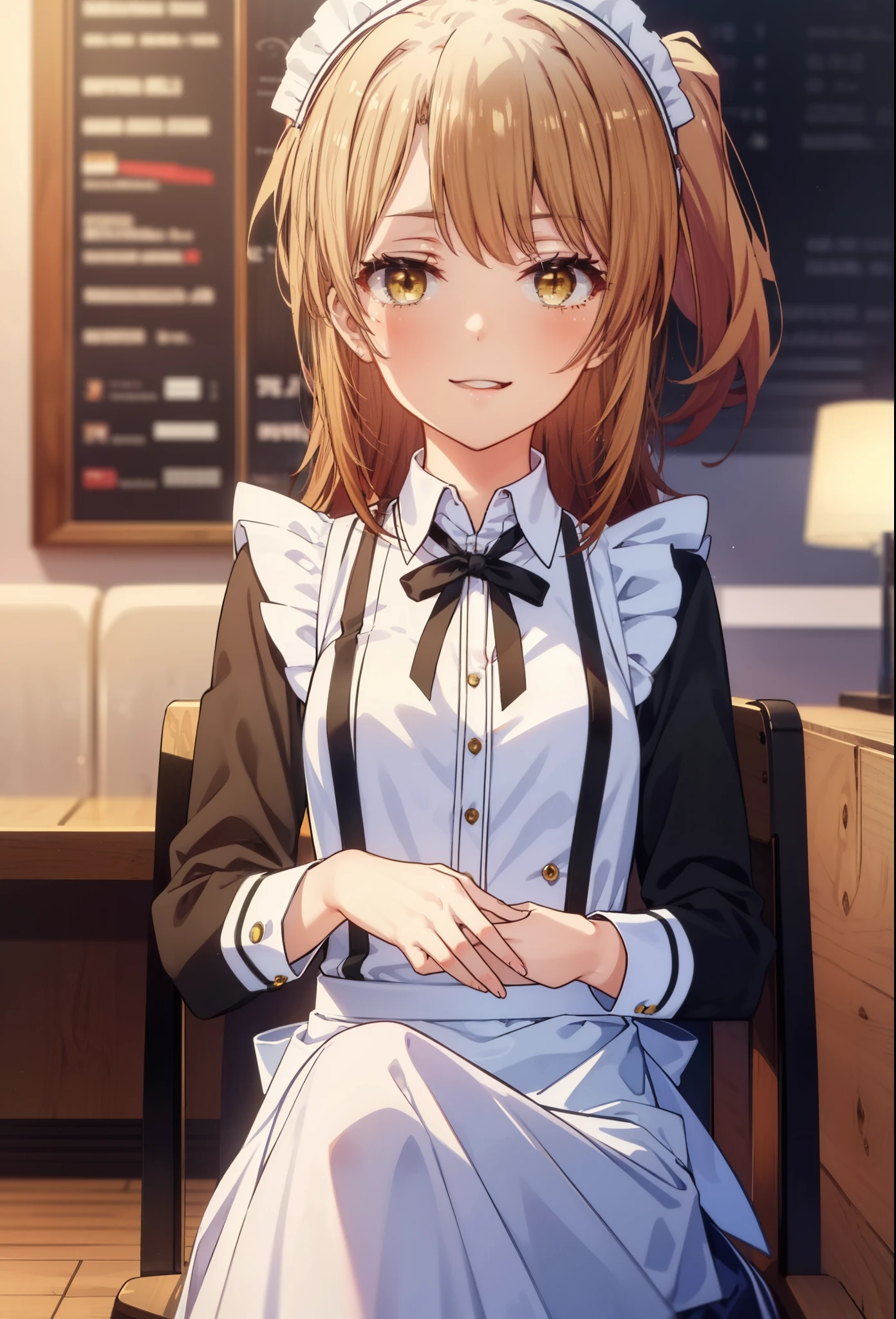 irohaisshiki, iroha isshiki, long hair, brown hair, (brown eyes:1.5), Smile, smile, open your mouth,ponytail,blush,smile,Maid clothes,bare chest,Medium chest,she was wearing a long skirt, black pantyhose, sitting cross-legged on a chair,So that the whole body goes into the illustration,
break indoors, coffee shop,
break looking at viewer,
break (masterpiece:1.2), highest quality, High resolution, unity 8k wallpaper, (shape:0.8), (fine and beautiful eyes:1.6), highly detailed face, perfect lighting, Very detailed CG, (perfect hands, perfect anatomy),