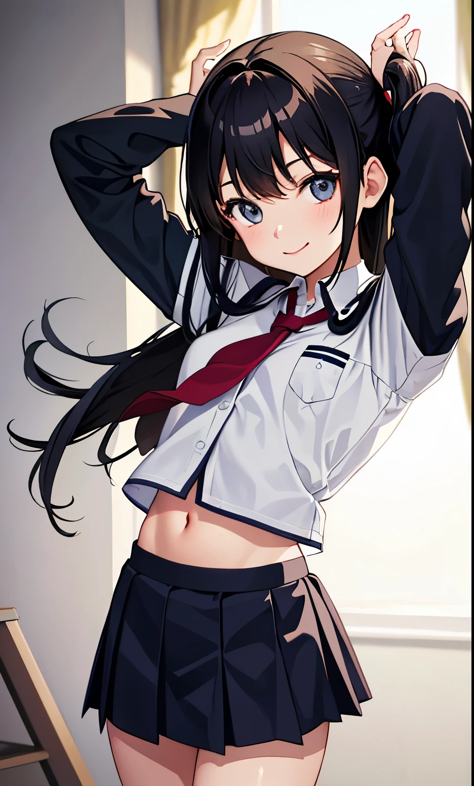 girl、smile、shirt、skirt、uniform、（small breasts）、flat chest、cute crotch、movement、（small breasts）、15 years old、
